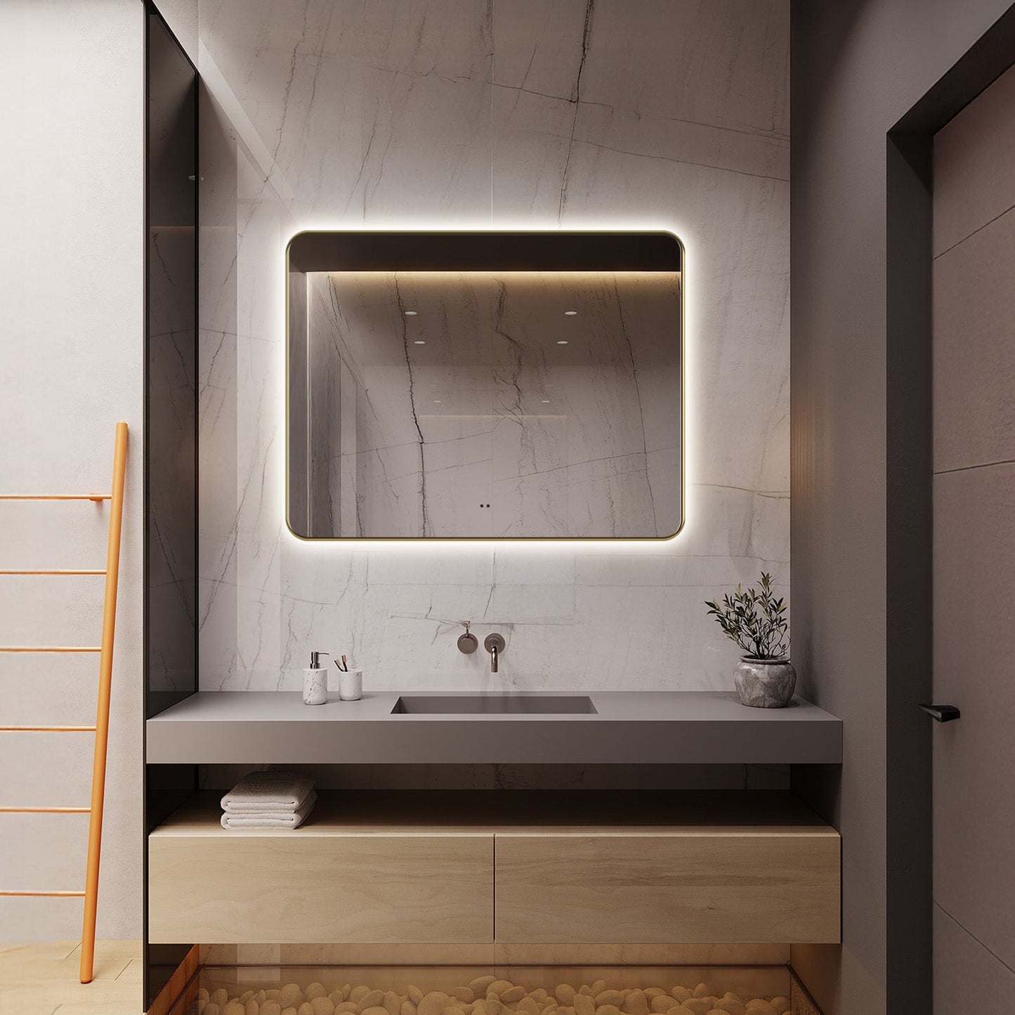 Delphinus Rectangle LED Bathroom Mirror with Lights, Brushed Blonde Metal Framed LED Mirror for Bathroom, 3 Colors and Stepless Dimmable, Anti-Fog