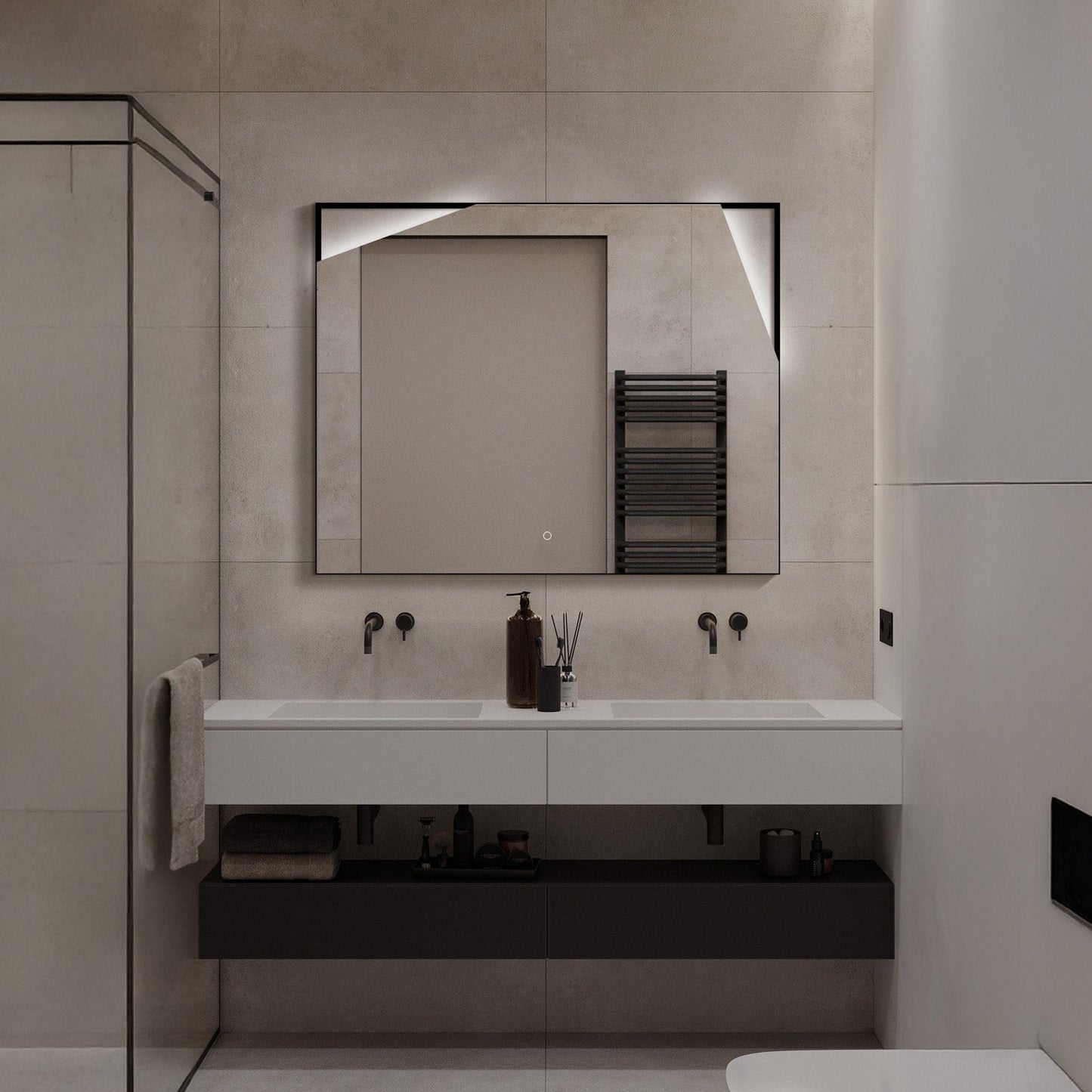 WhimsMirror LED Lighted Mirror with Touch Switch, Irregular Cutout Design, Modern Rectangular LED Bathroom Mirror, Matte Black