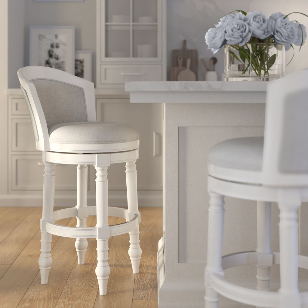 Kitty Hawk Swivel Stool in White & Light Grey next to a kitchen counter with flowers in a vase