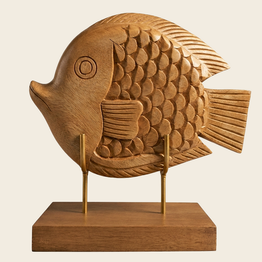 Handmade Wooden Sculpture – Hand Carved Fish Statue, Acacia Wood Decor Gift