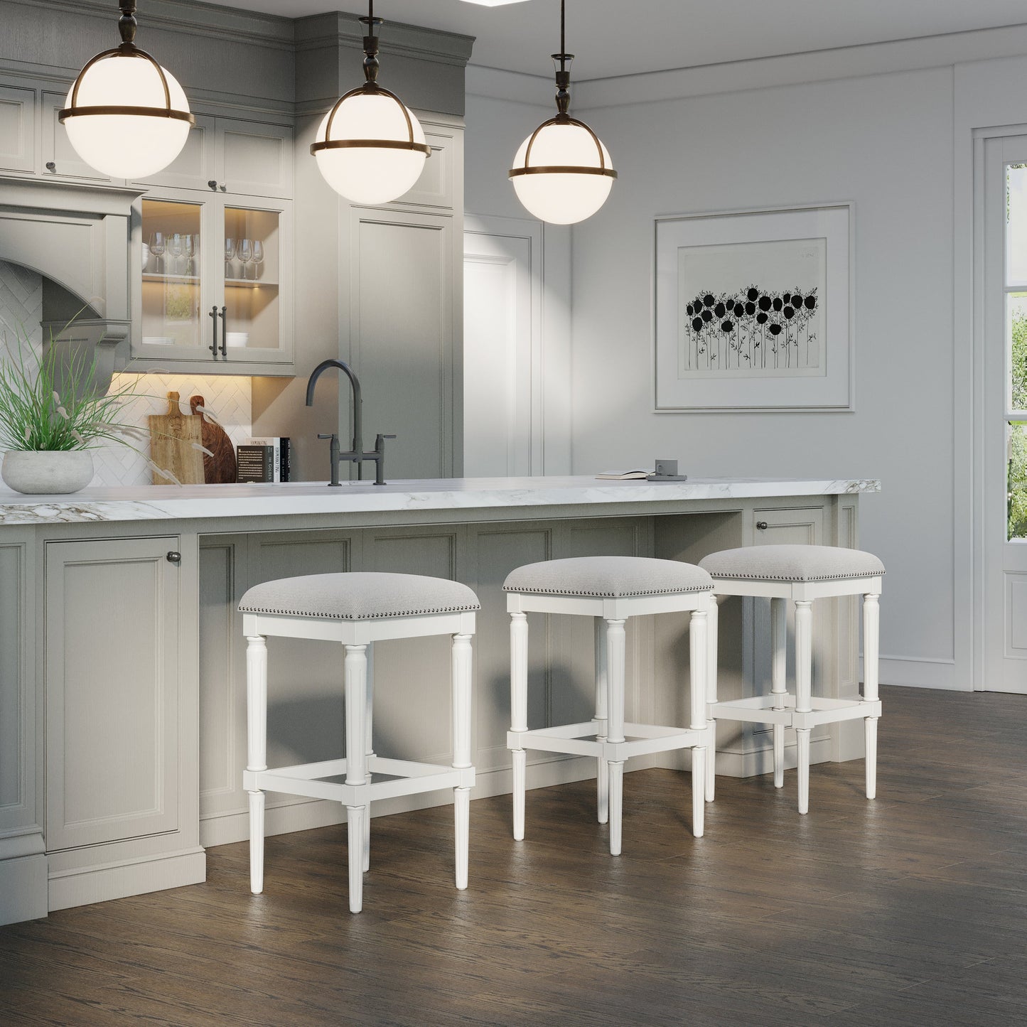 Asheville Stool in Solid White featured in modern kitchen setting with grey cushion seat.