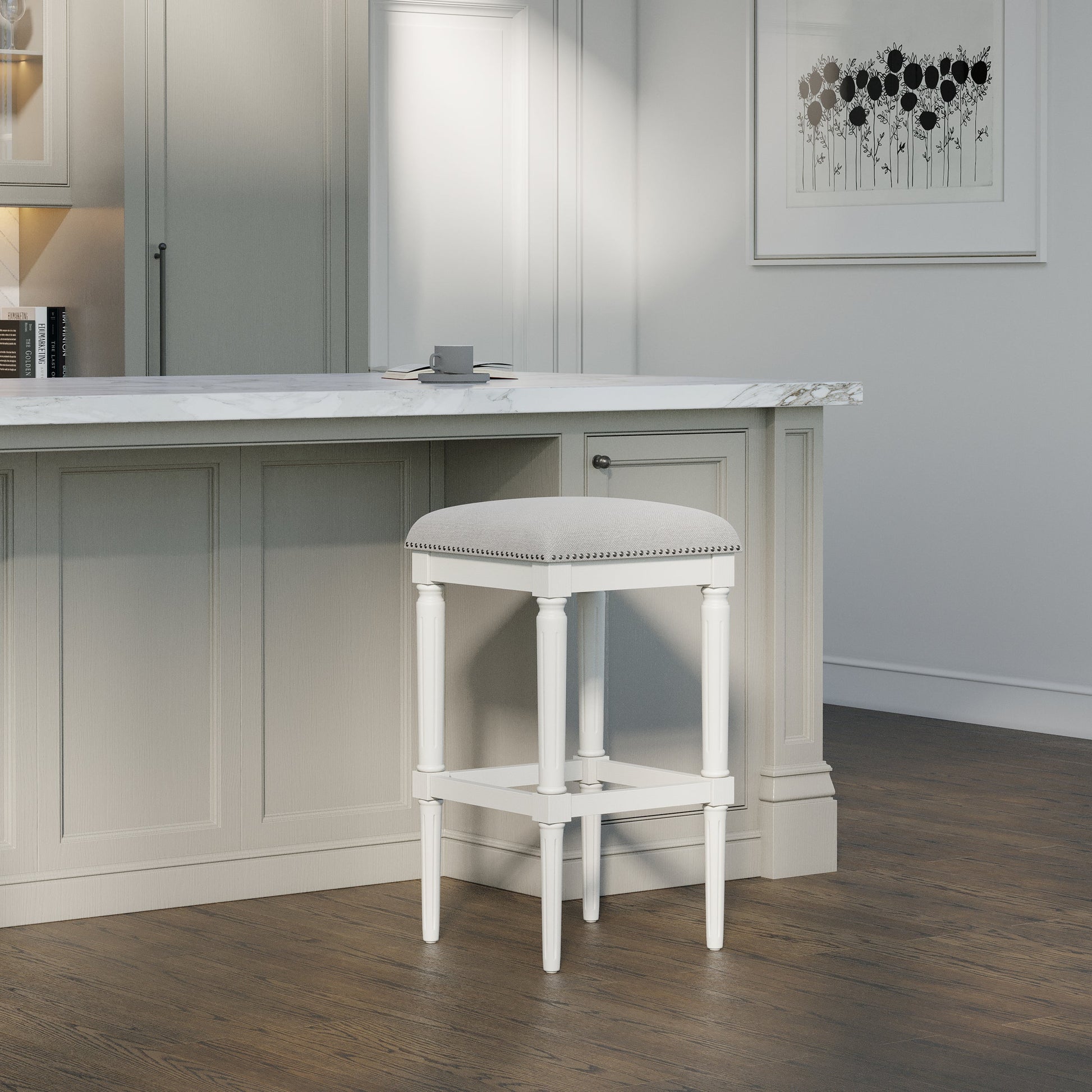 Asheville Stool in Solid White placed by a modern kitchen bar with a grey cushion seat.