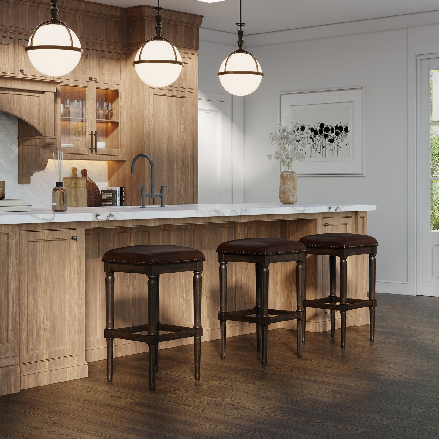 Asheville Stool in Walnut Finish featured in a modern kitchen with elegant bar lighting and wood accents.