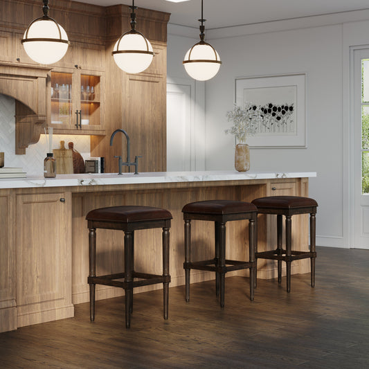 Asheville Stool in Walnut Finish featured in a modern kitchen with elegant bar lighting and wood accents.