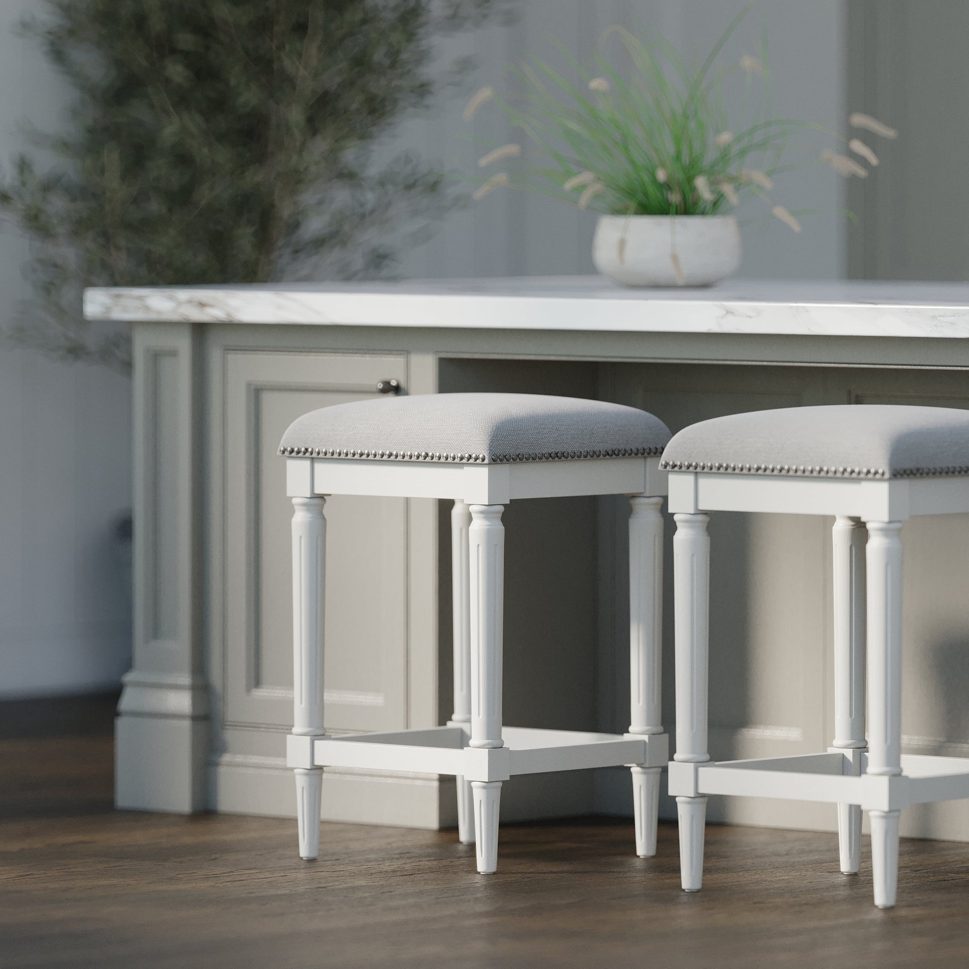Asheville Stool in Solid White showcasing sturdy wood construction and grey linen cushion, perfect for modern kitchens.