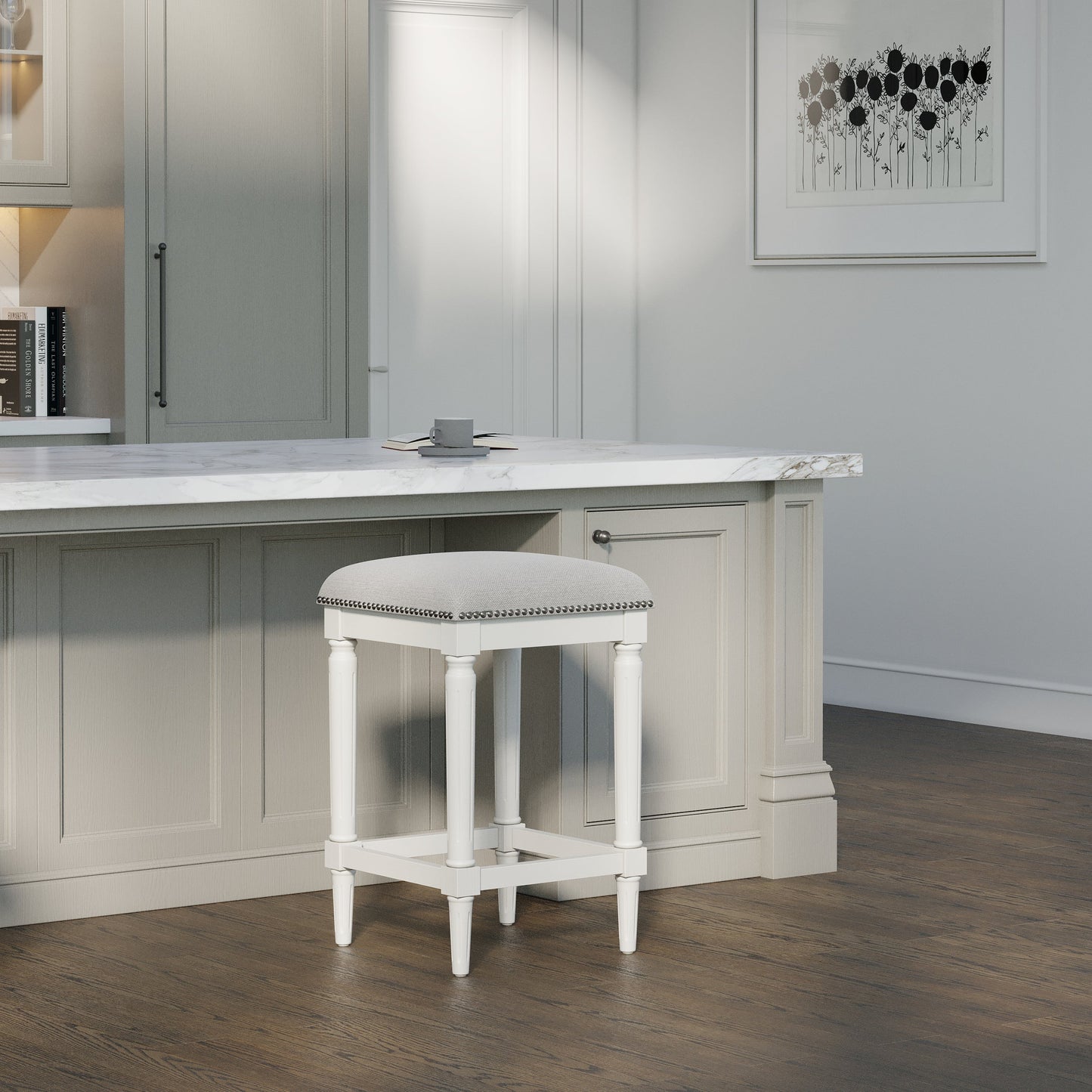Asheville Stool in Solid White with grey linen cushion against a modern kitchen backdrop.