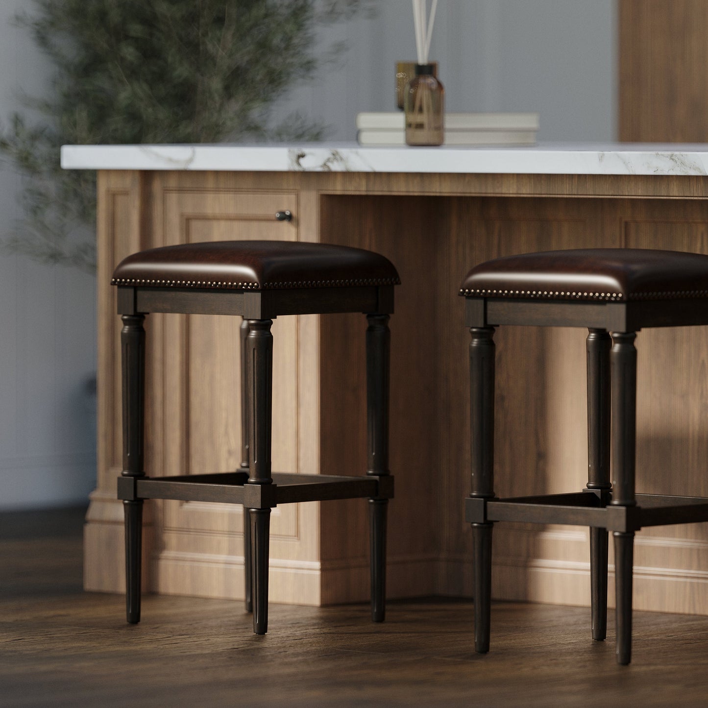 Asheville Stool in Walnut Finish with cushioned seat and nail head trim in modern kitchen setting
