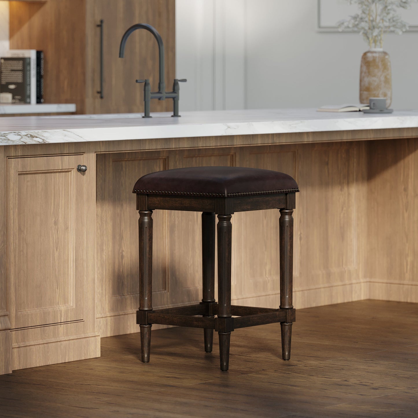 Asheville Stool in Walnut Finish with cushioned seat in modern kitchen setting.