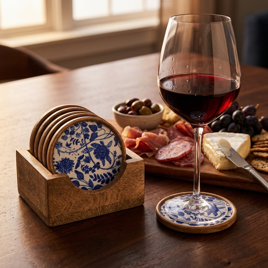 Mango Wood Coaster Set of 5 with Holder