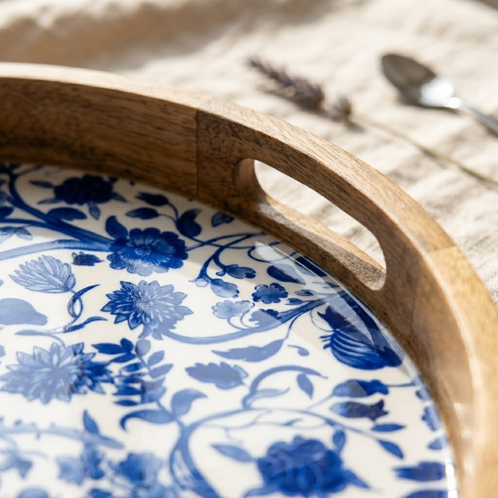 Round Blue Mango Wood Serving Tray
