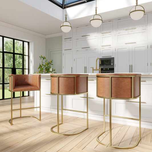 Winston Barstool in Brown PU showcased in a modern kitchen with polished brass accents.