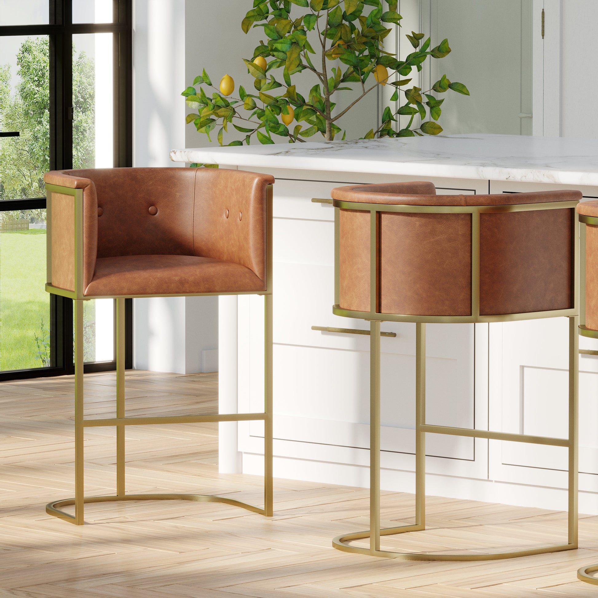 Winston Barstool in Brown PU with brass accents in a modern kitchen setting.