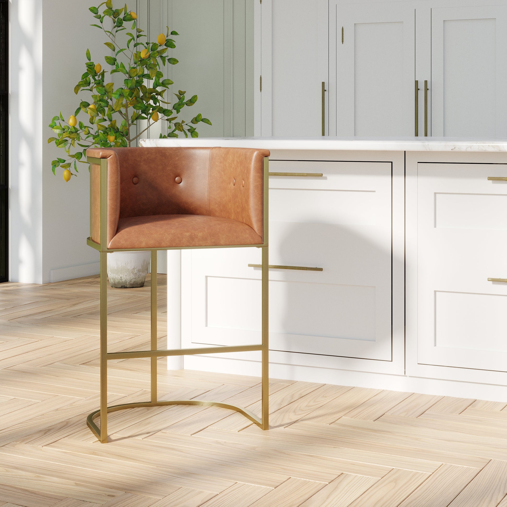 Winston Barstool in Brown PU with brass accents in a modern kitchen setting