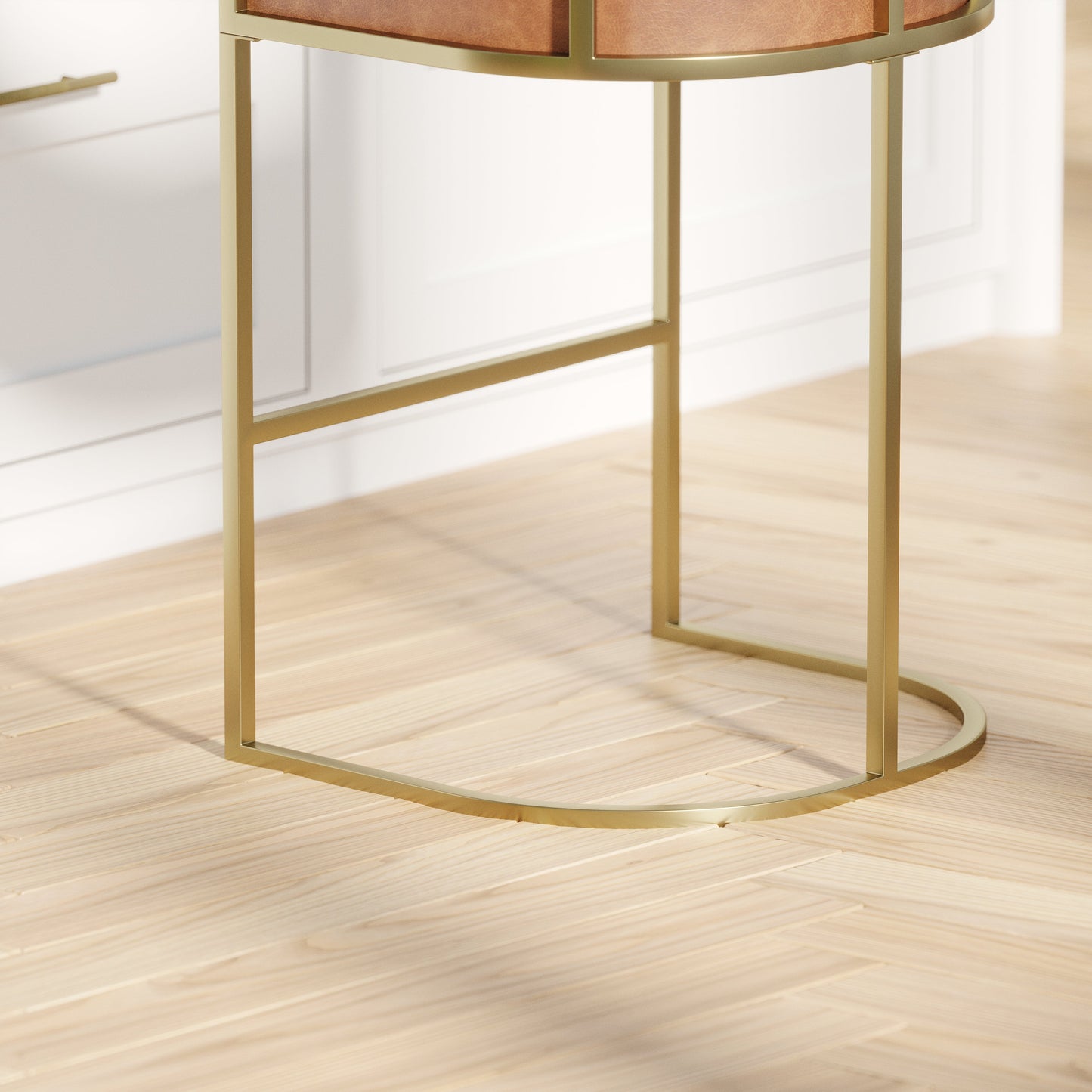Winston Barstool in Brown PU with polished brass legs and cushion seat, perfect for modern dining areas.