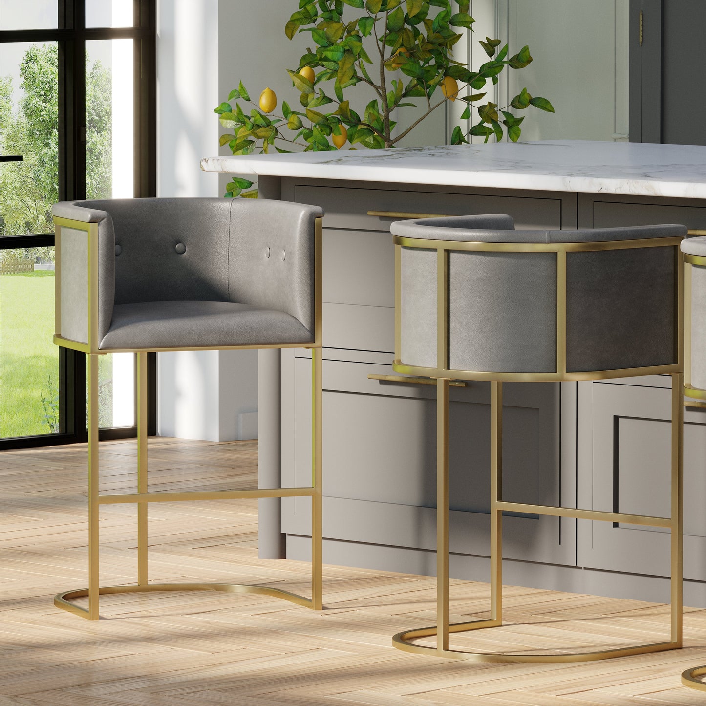 Winston Barstool in Grey with brass accents, offering stylish and comfortable seating in a modern kitchen.