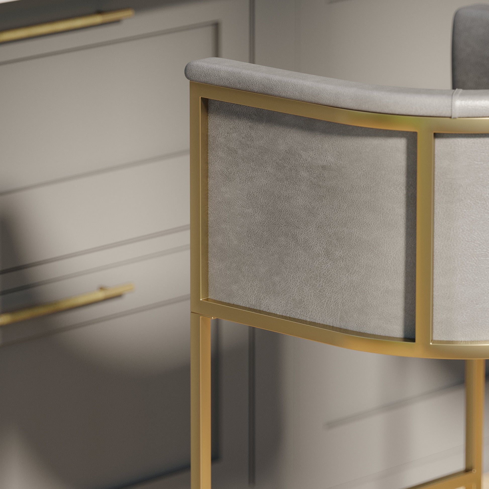 Winston Barstool in Grey with premium PU upholstery and polished brass accents.