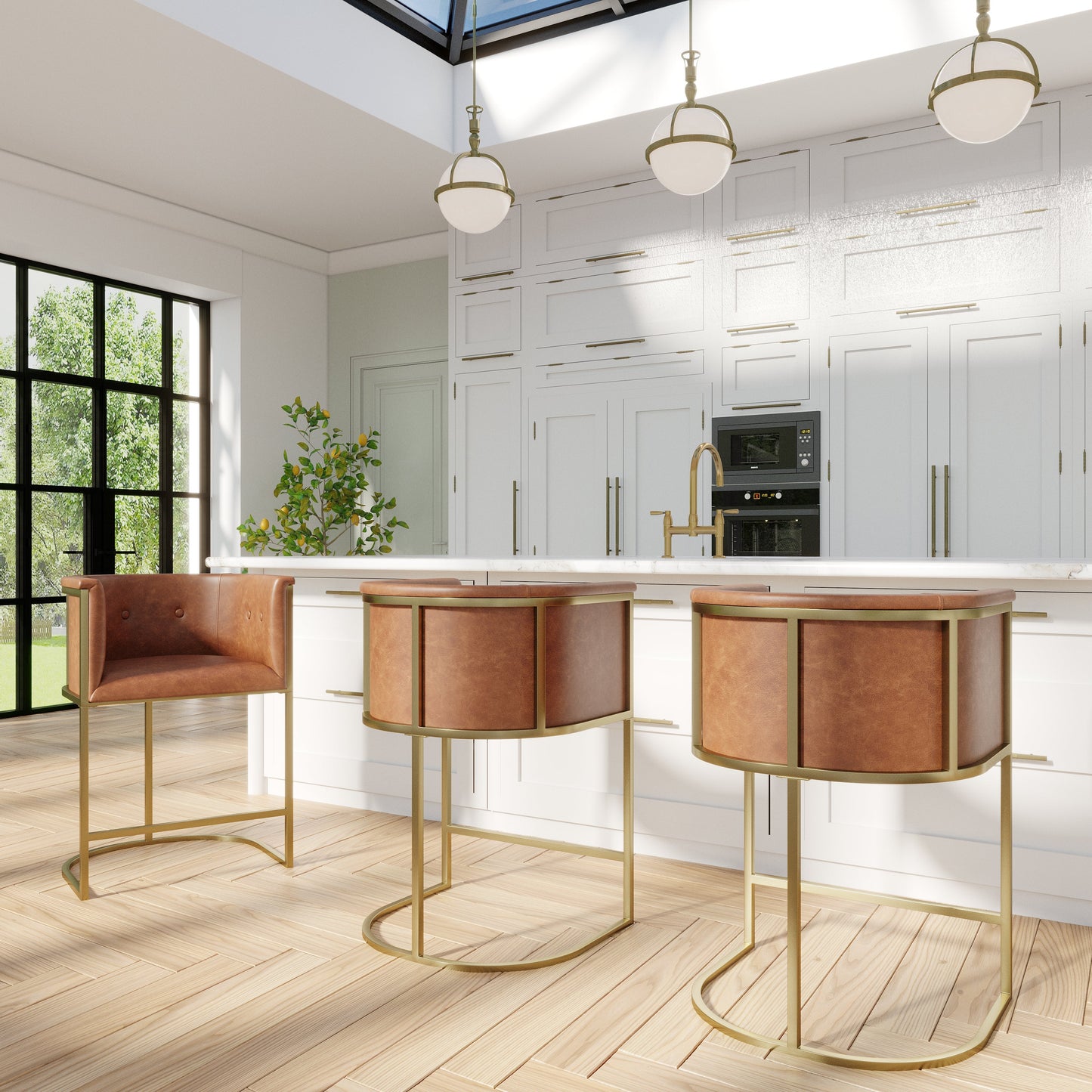 Winston Barstool in Brown PU with polished brass accents in a modern kitchen setting.