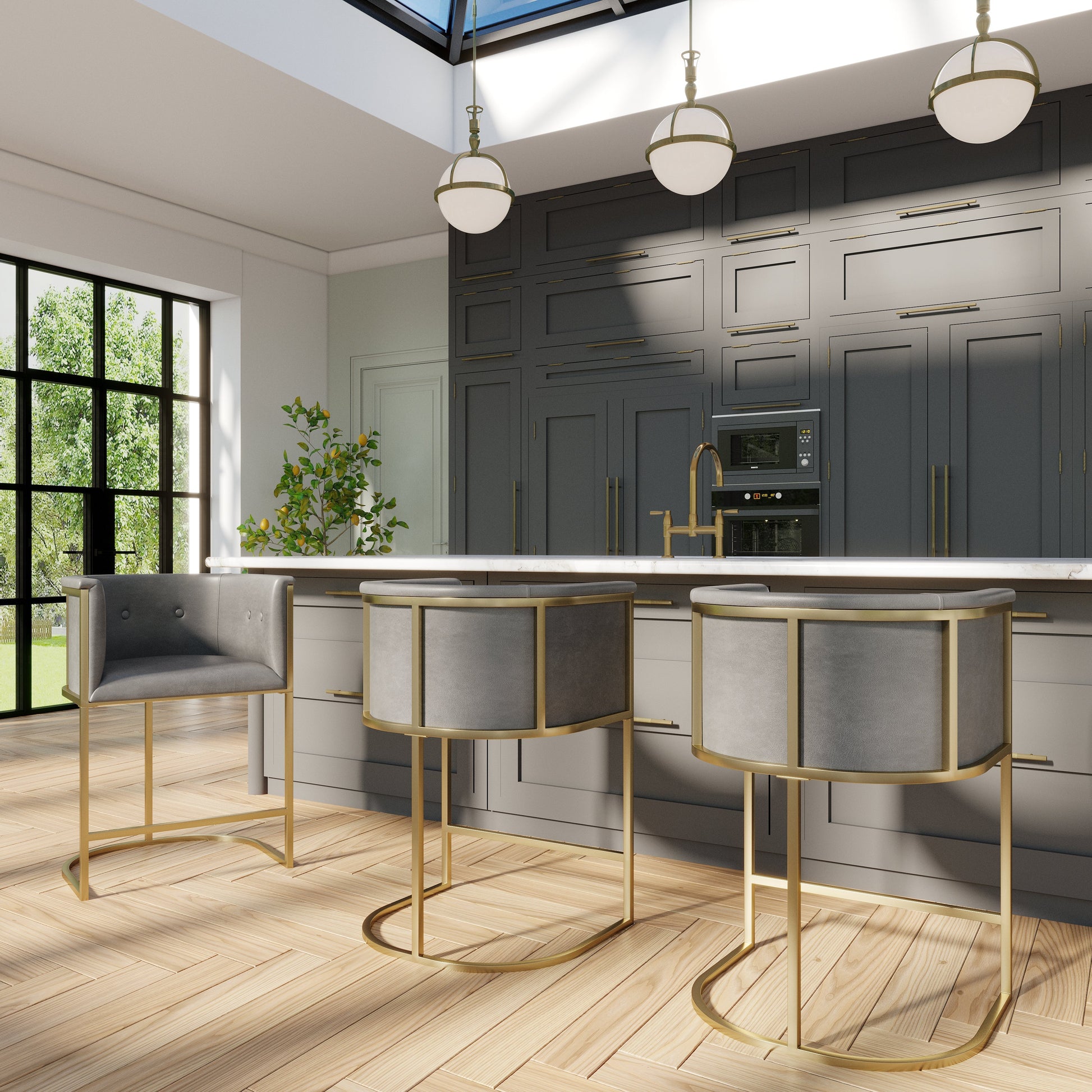 Winston Barstool in Grey showcasing premium PU upholstery and brass accents in a modern kitchen setting.