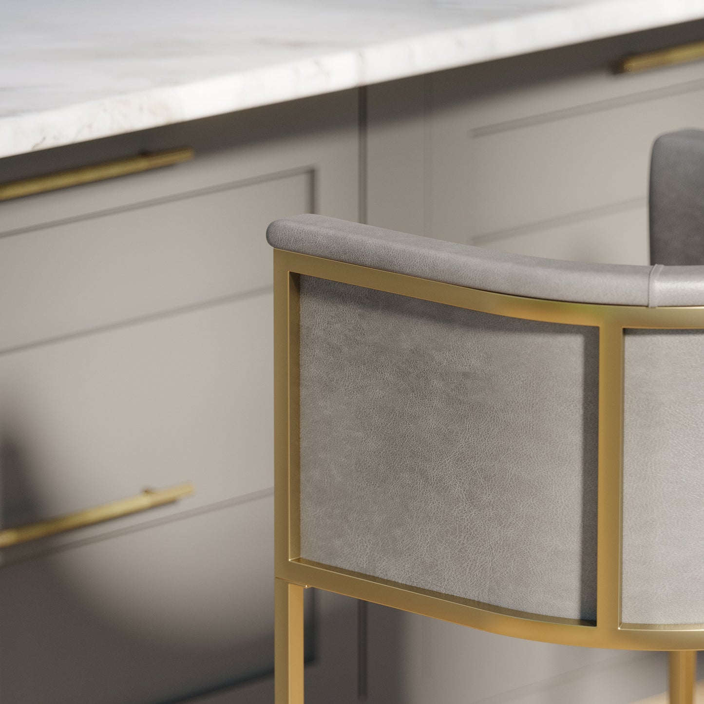 Winston Barstool in Grey showcasing refined brass accents and PU upholstery in a modern kitchen setting.
