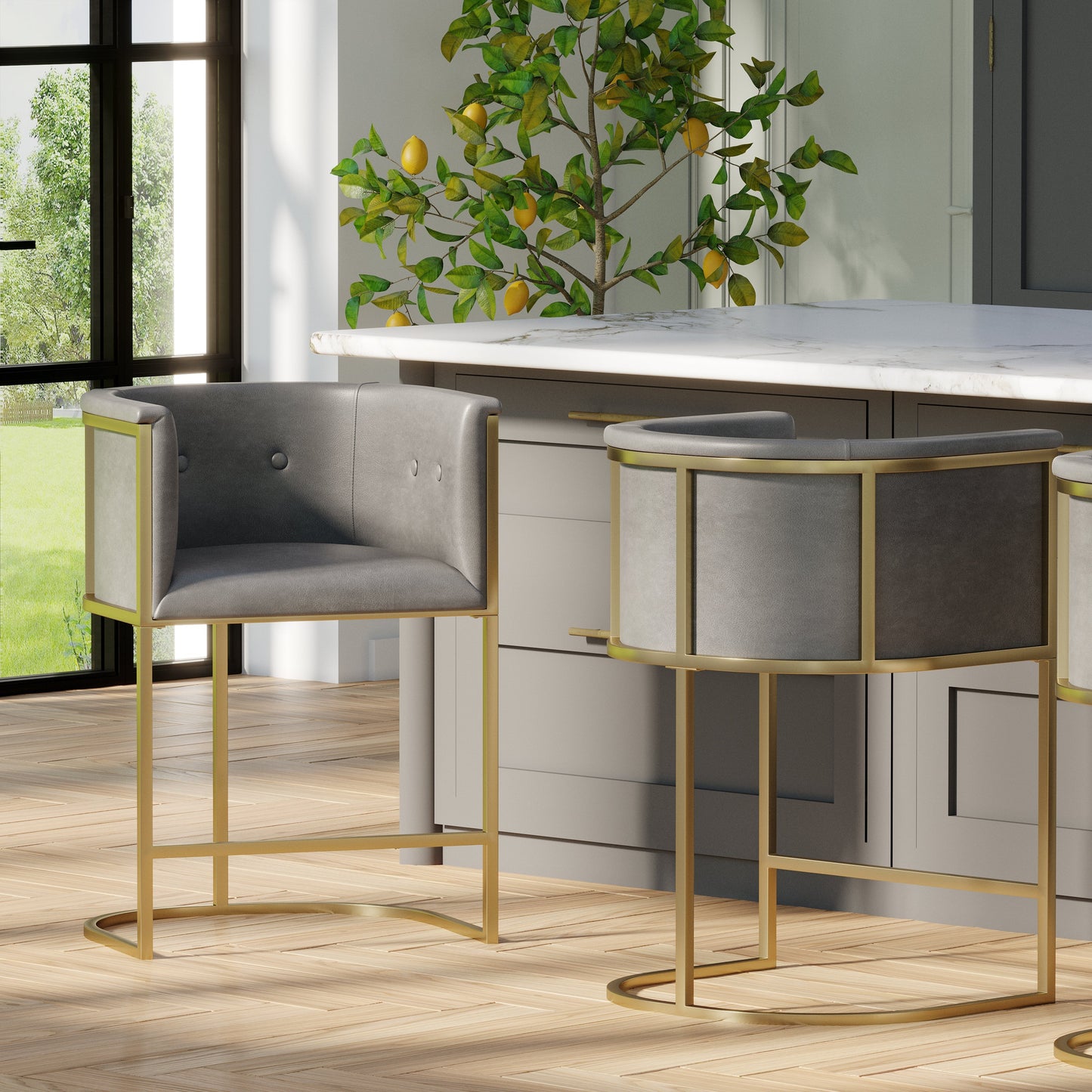 Winston Barstool in Grey with brass legs in a modern kitchen setting.