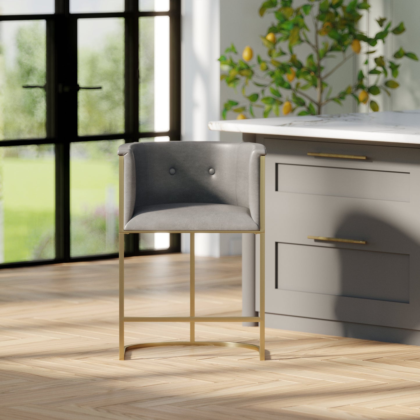Winston Barstool in Grey with polished brass accents in a modern kitchen setting.