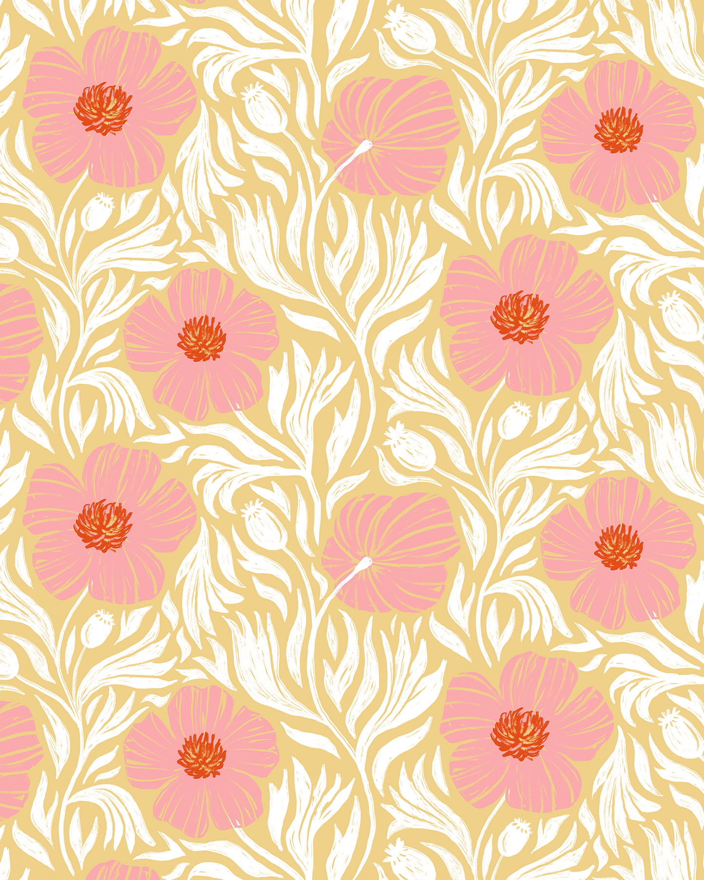 Matilija Wallpaper, butter yellow, pink & white