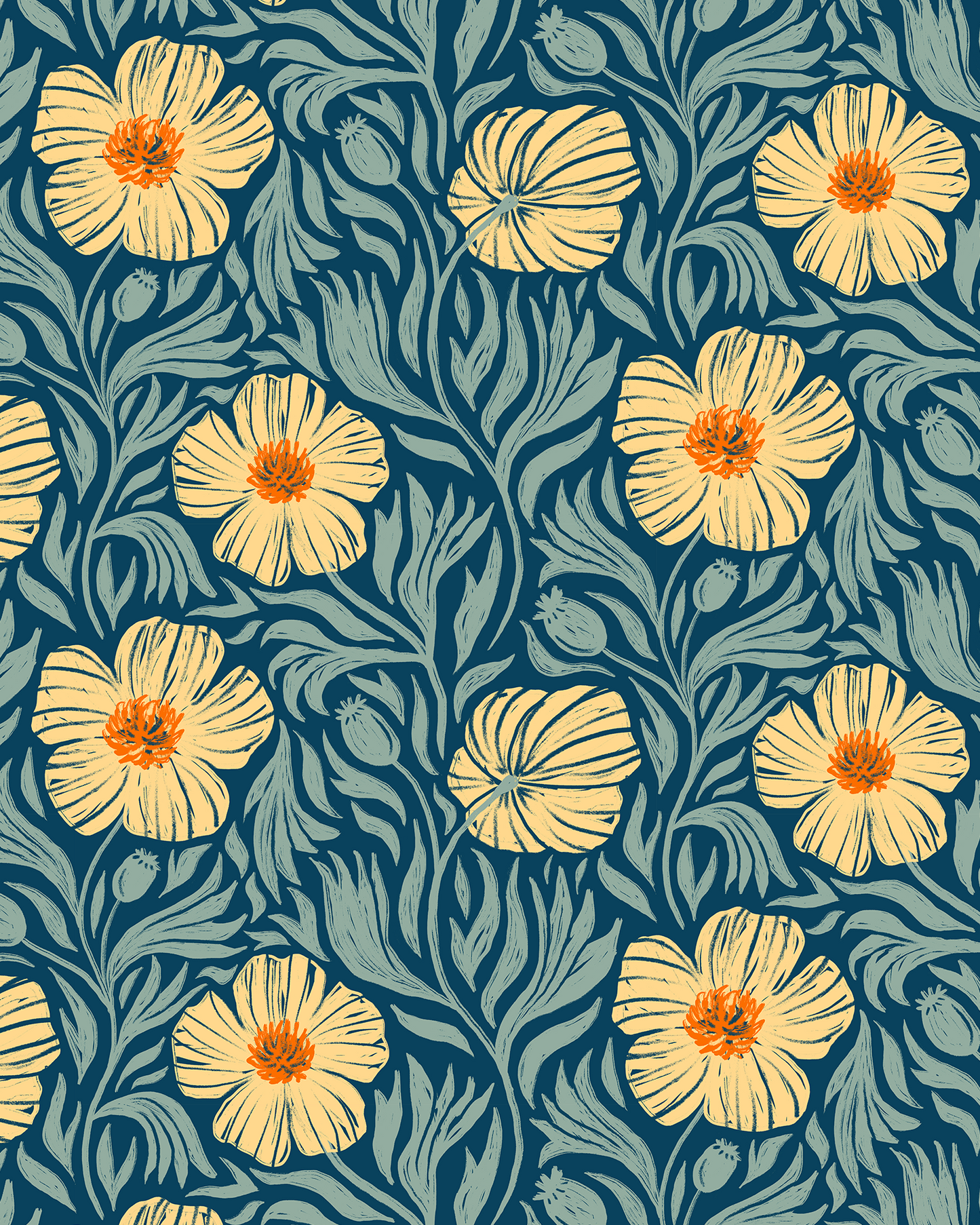 Matilija Wallpaper, navy, orange & mint