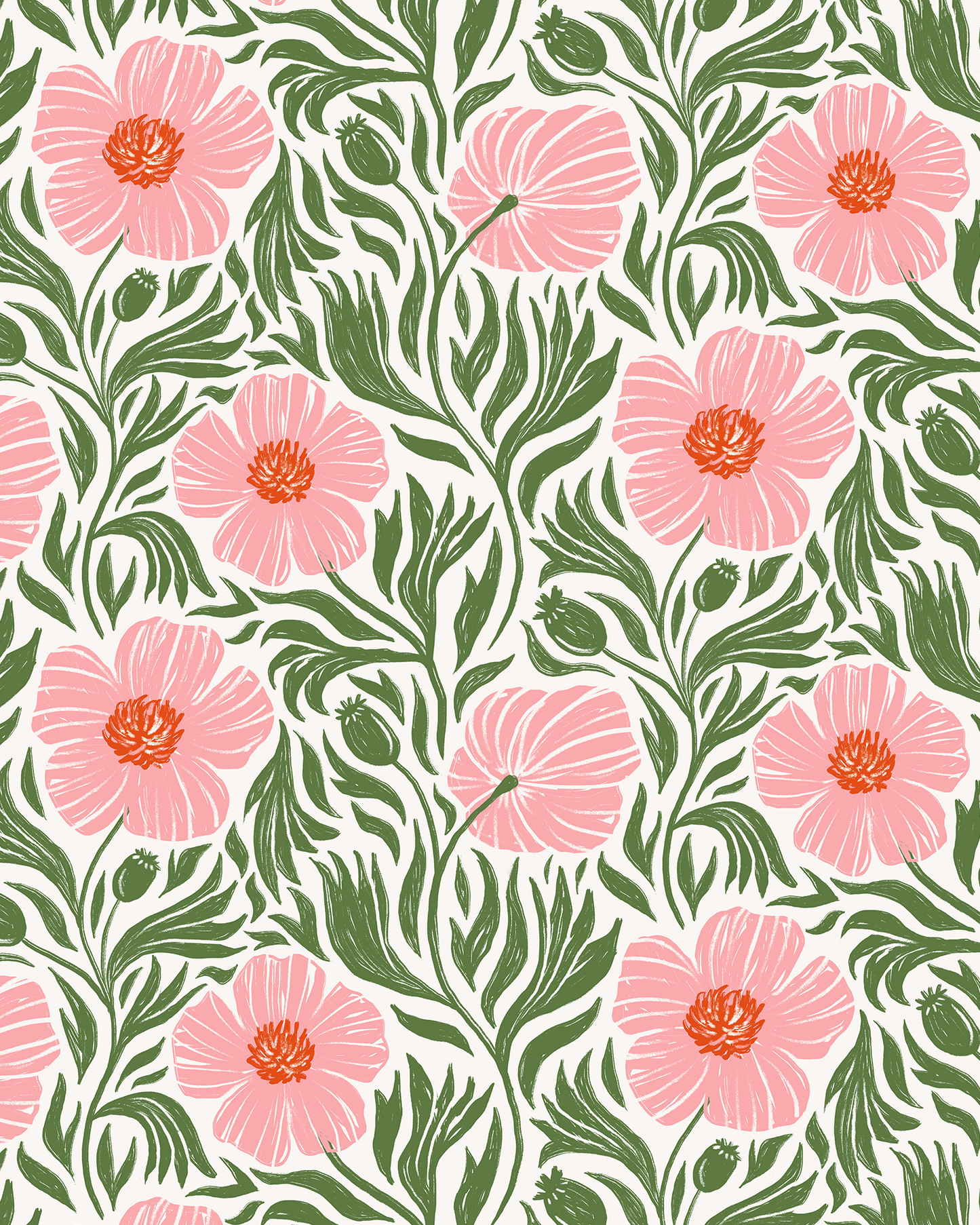 Matilija Wallpaper, white, pink & green