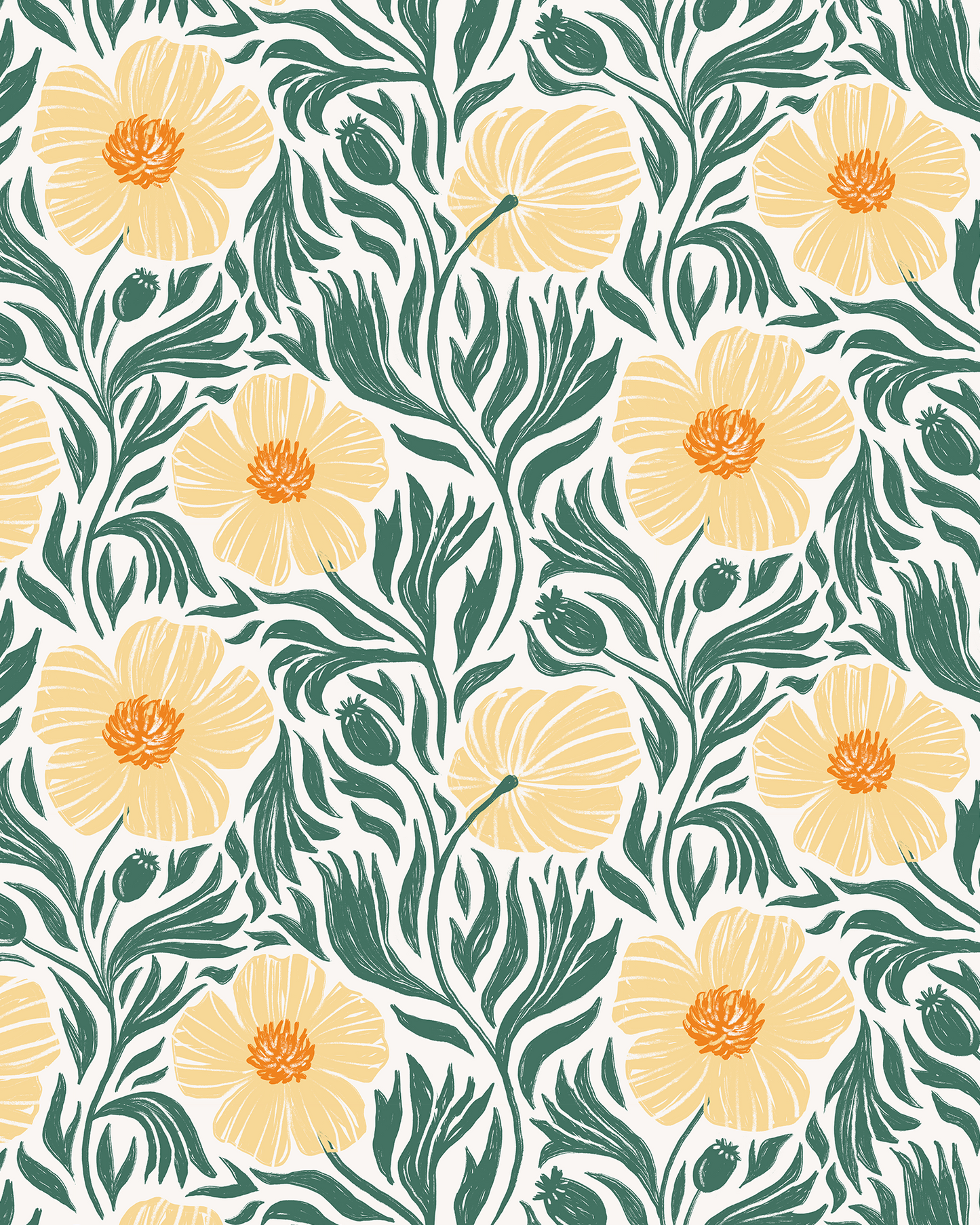 Matilija Wallpaper, white, teal & peach