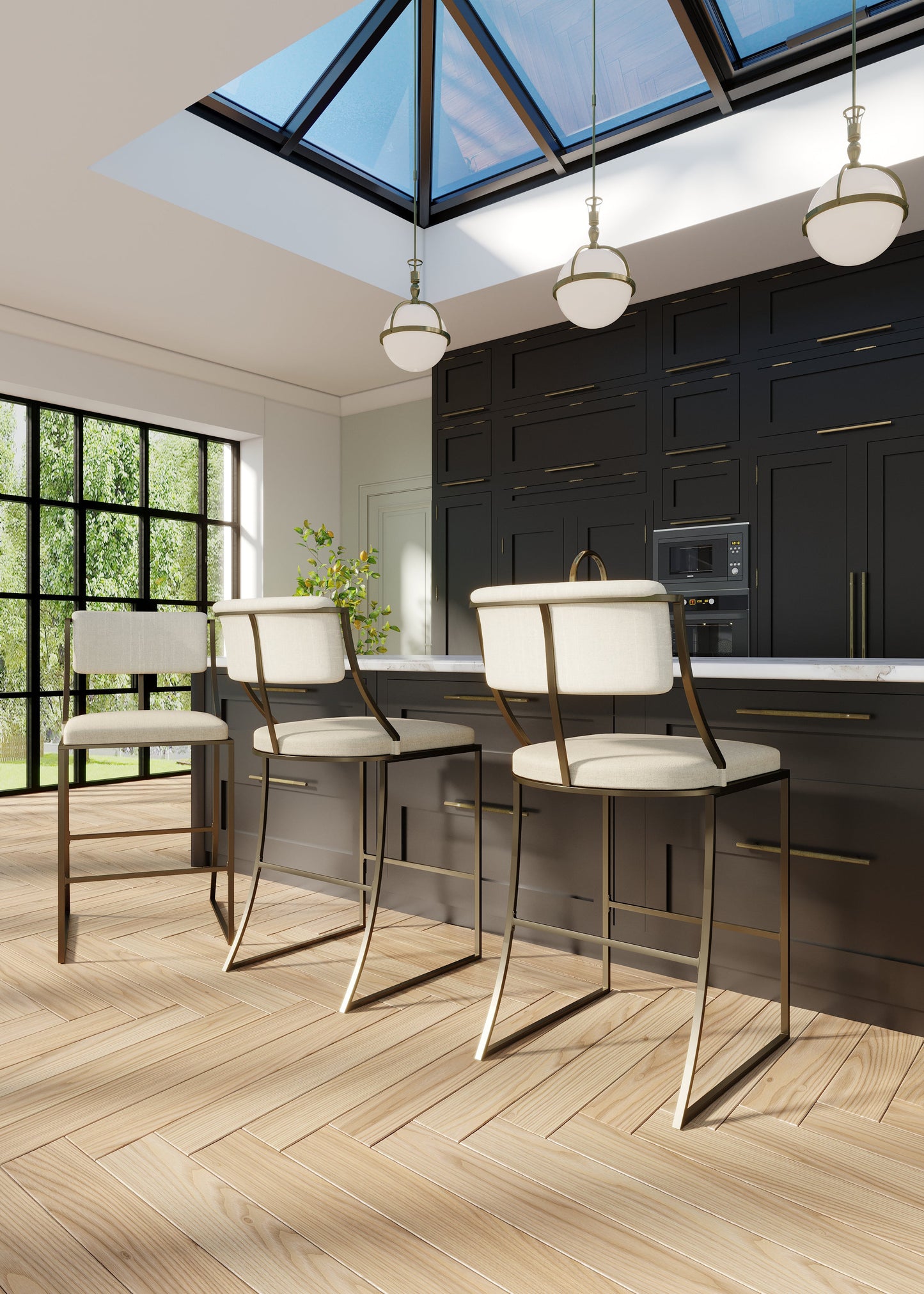 Durham Metal & Upholstered Barstool in a modern kitchen with elegant design and antique brass finish.