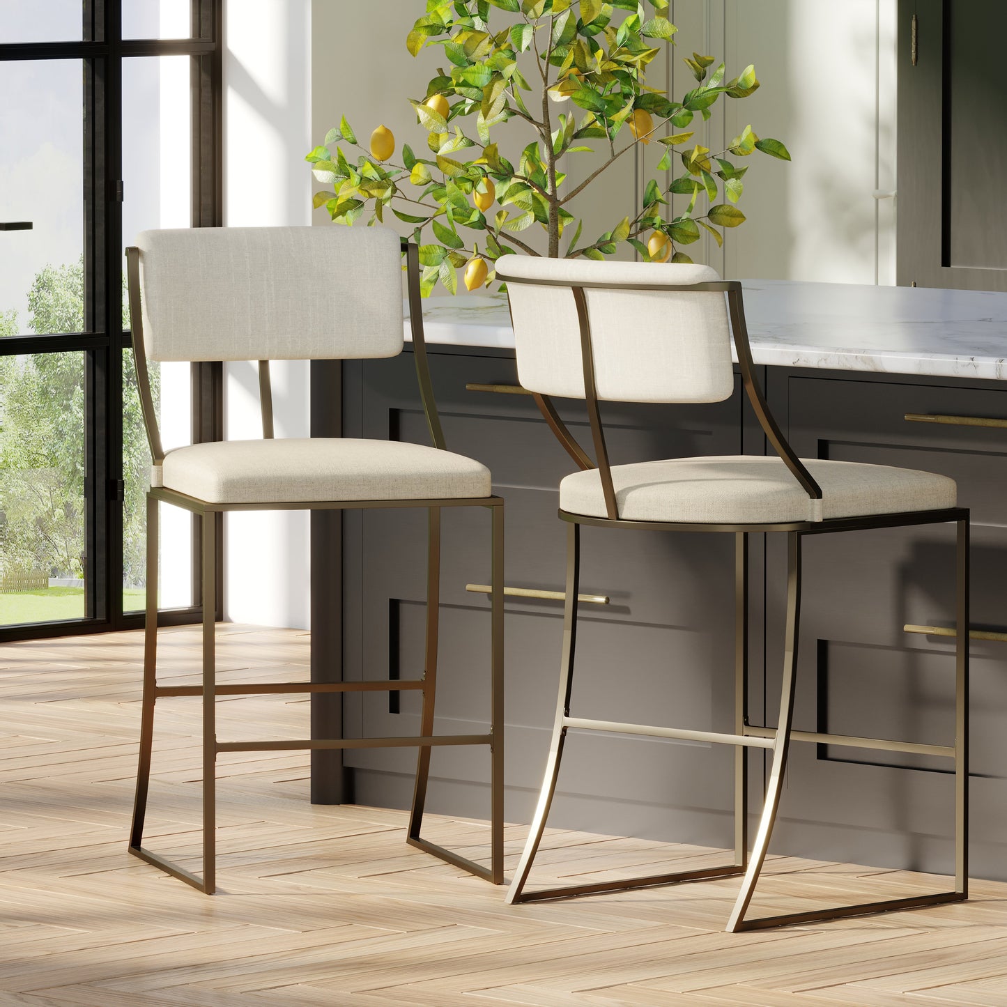 Durham Metal & Upholstered Barstool displayed in modern kitchen with neutral tones and sleek design.