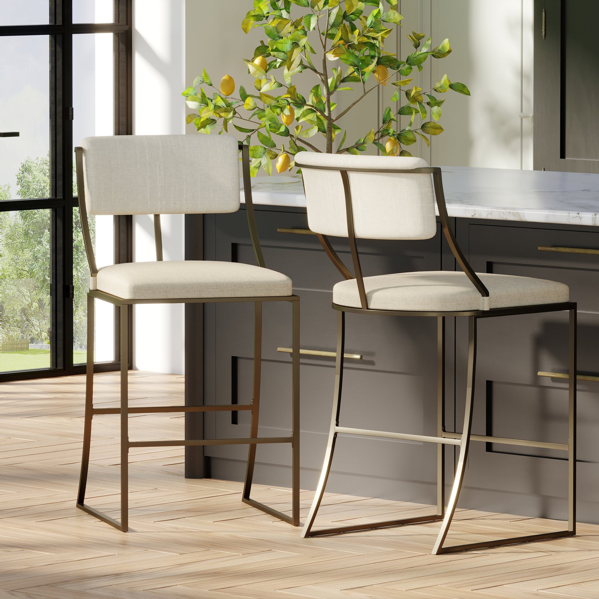 Durham Metal & Upholstered Barstool displayed in modern kitchen with neutral tones and sleek design.