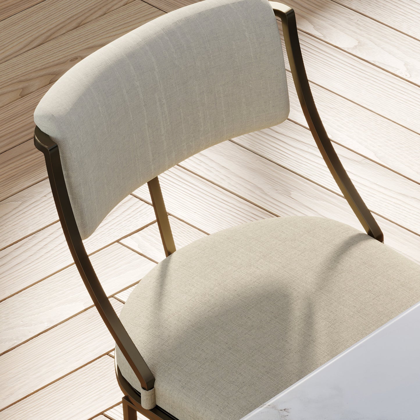 Durham Metal & Upholstered Barstool featuring a plush linen seat and antique brass finish.