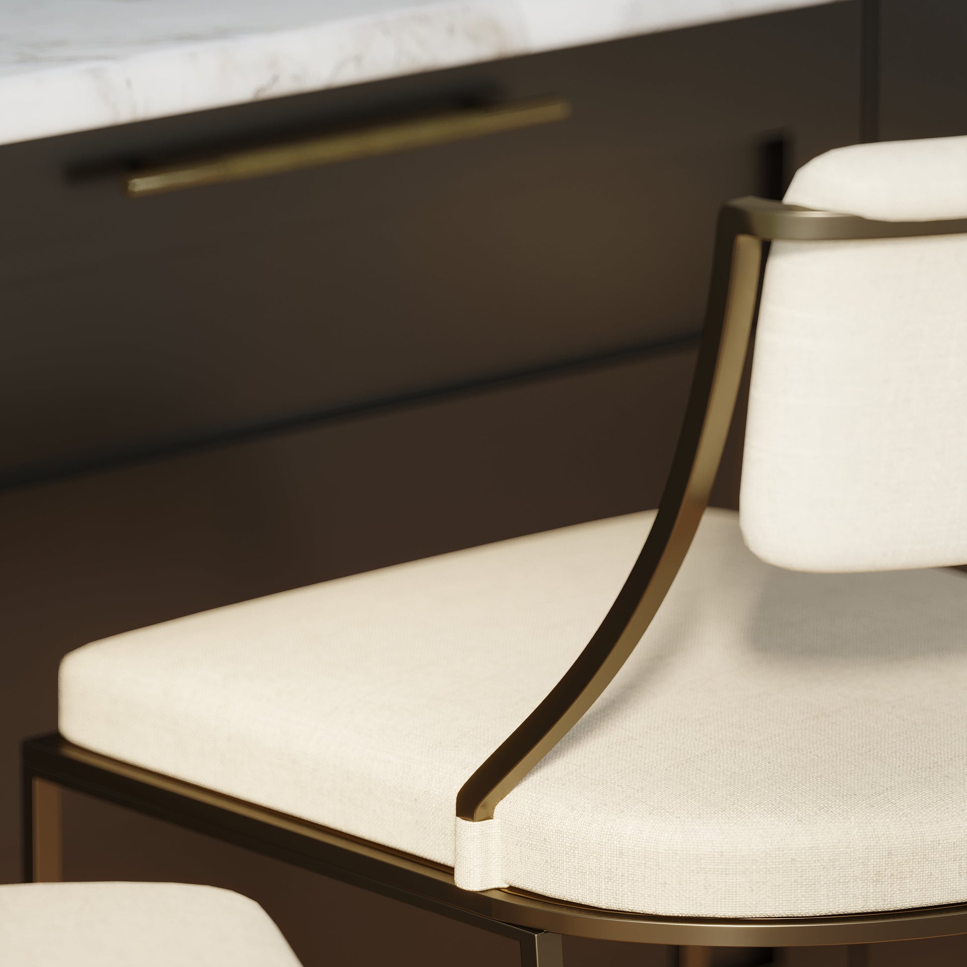 Durham Metal & Upholstered Barstool with plush linen seat and antique brass finish, ideal for modern decor.