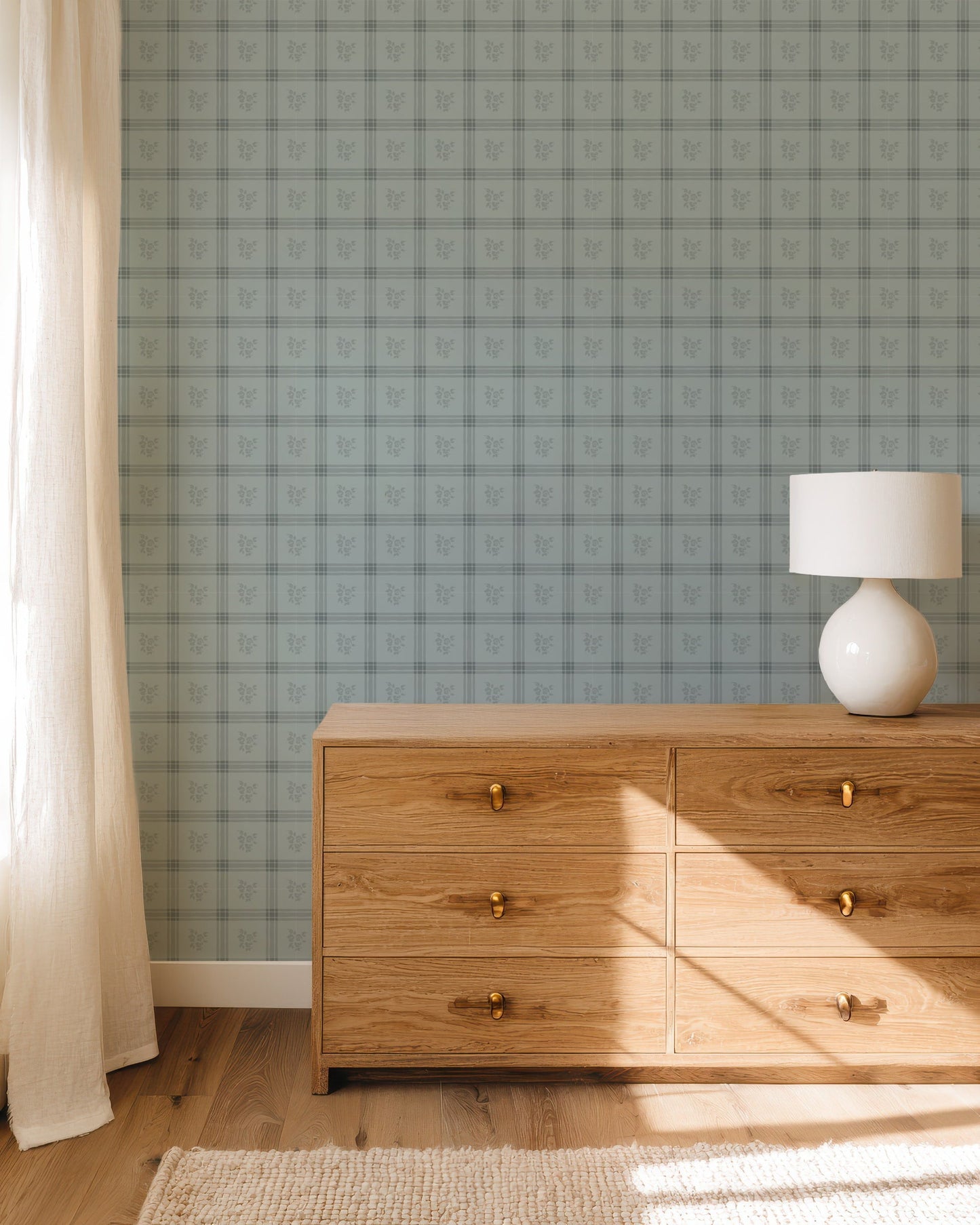 Millie Dusty Blue Wallpaper | Vintage Floral Windowpane Plaid