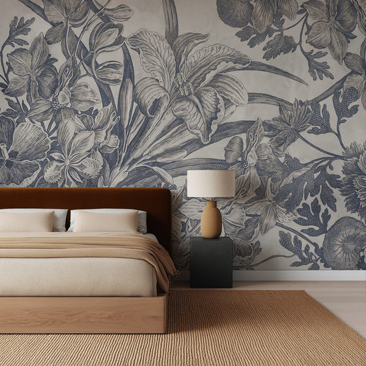 Vintage Indigo Botanical Etching Wall Mural