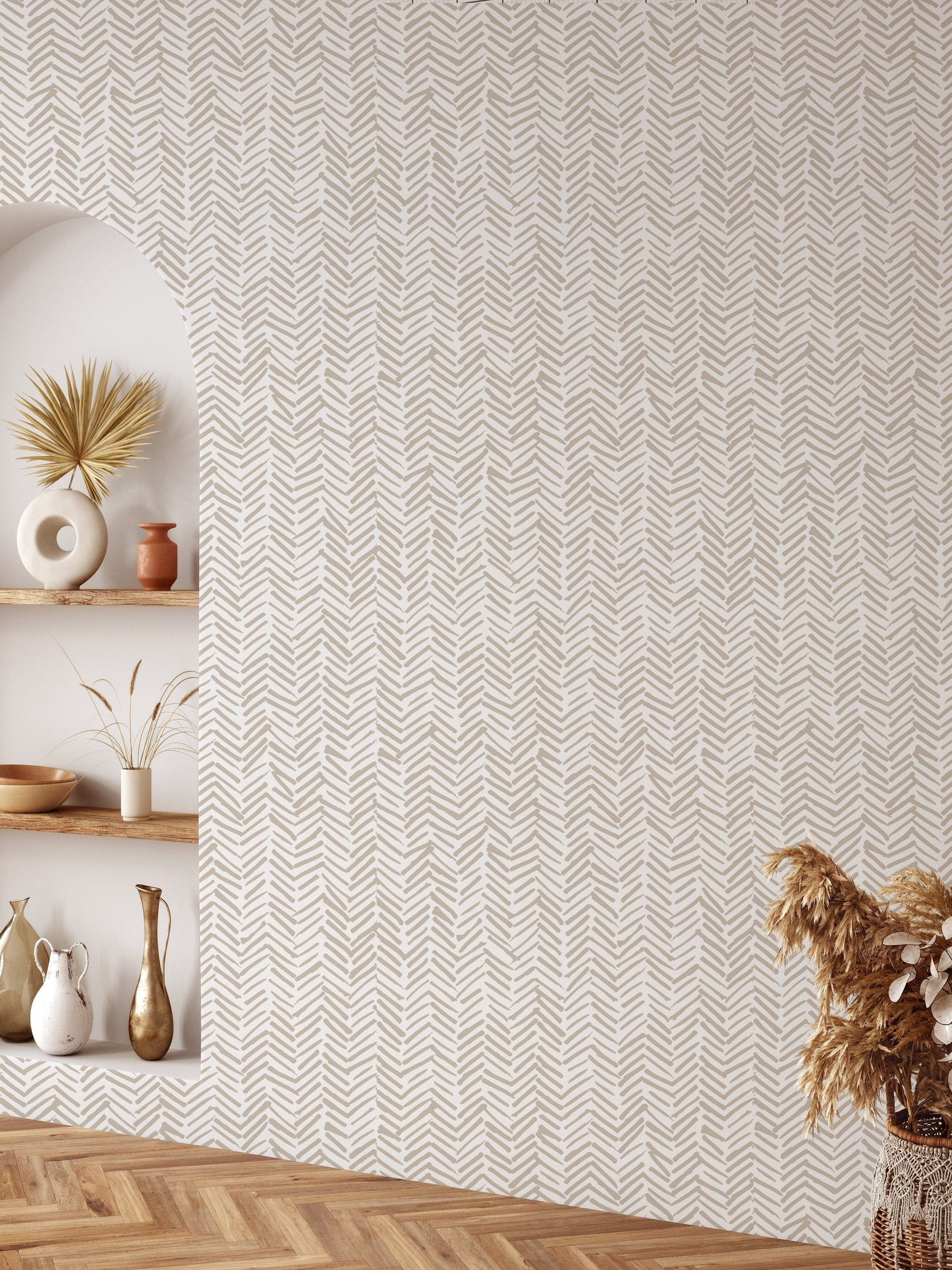 Beige Brushstroke Herringbone Wallpaper | Organic Japandi
