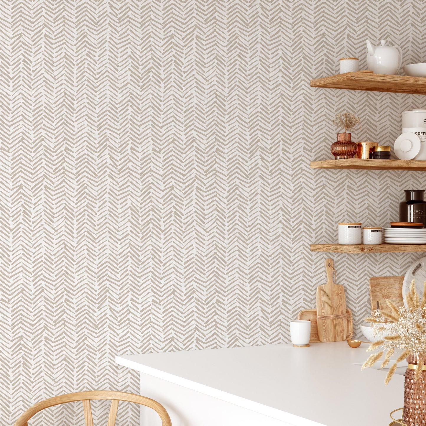 Beige Brushstroke Herringbone Wallpaper | Organic Japandi