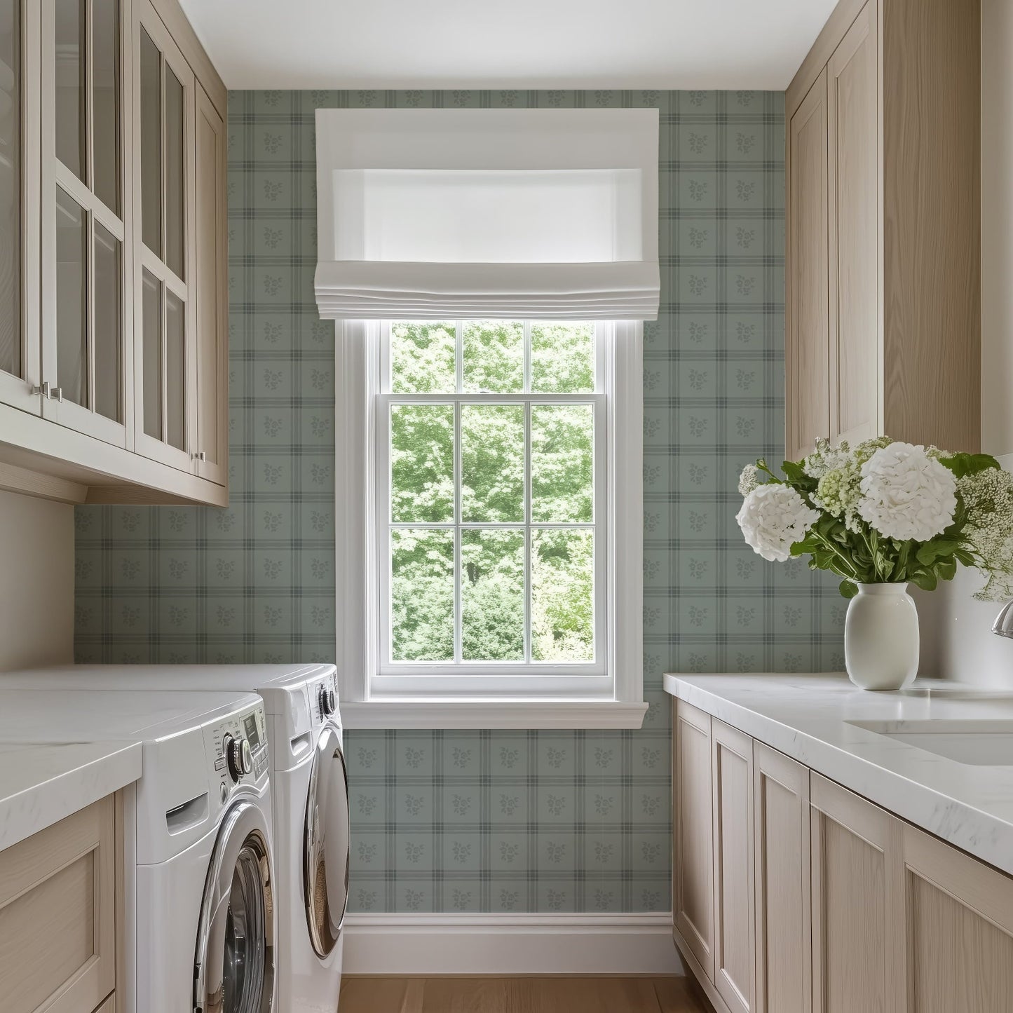 Millie Dusty Blue Wallpaper | Vintage Floral Windowpane Plaid