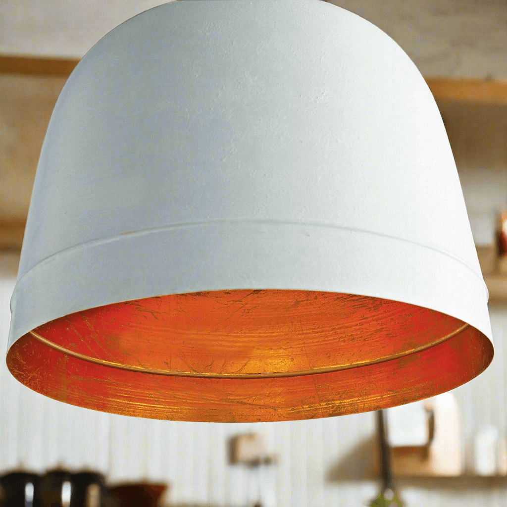 White Farmhouse Dome Pendant Light with Gold Interior
