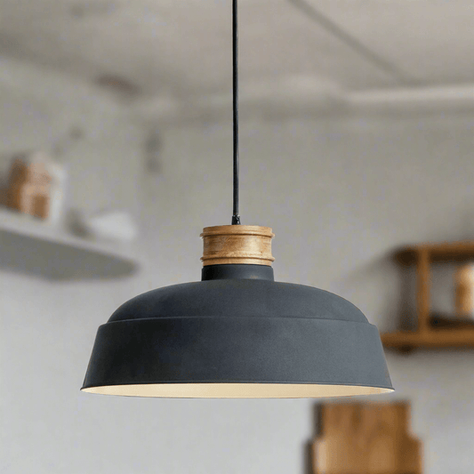 Industrial Wood and Metal Pendant Light in Matte Charcoal