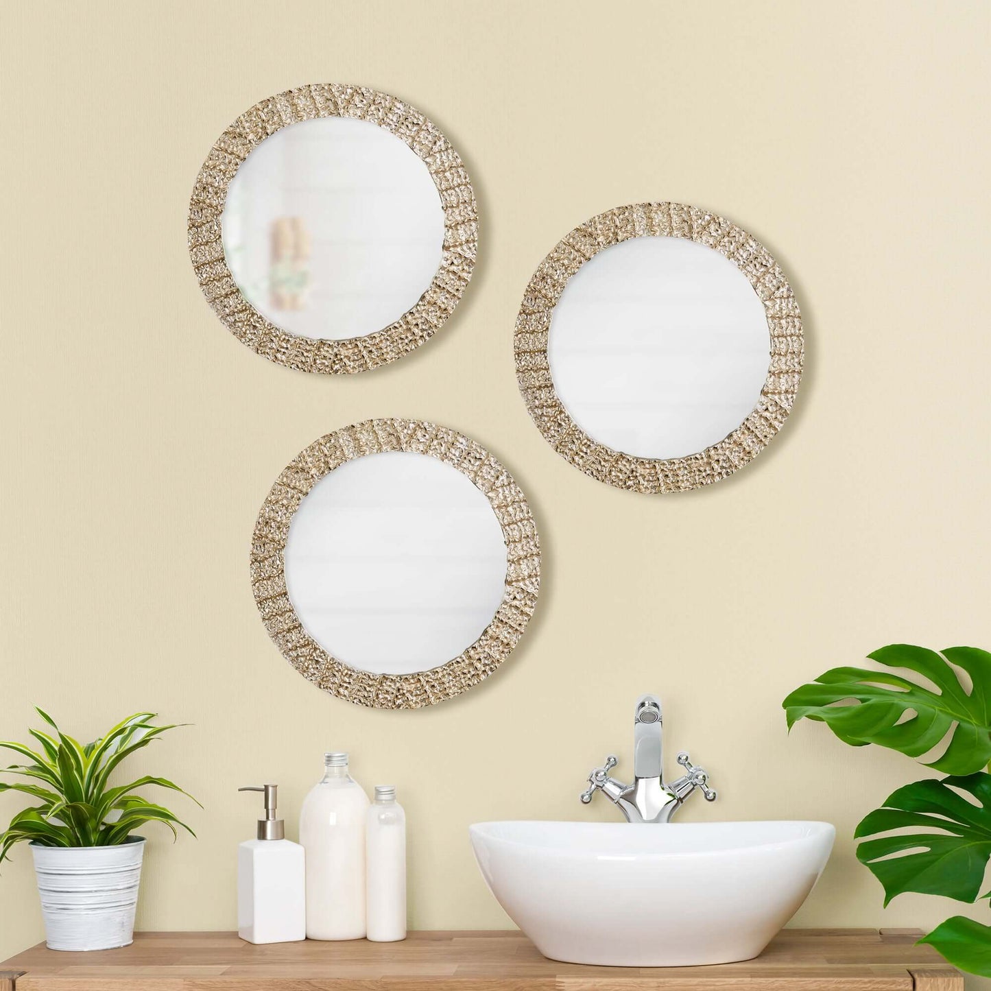 Vintage Champagne Round Wall Mirror with Textured Frame