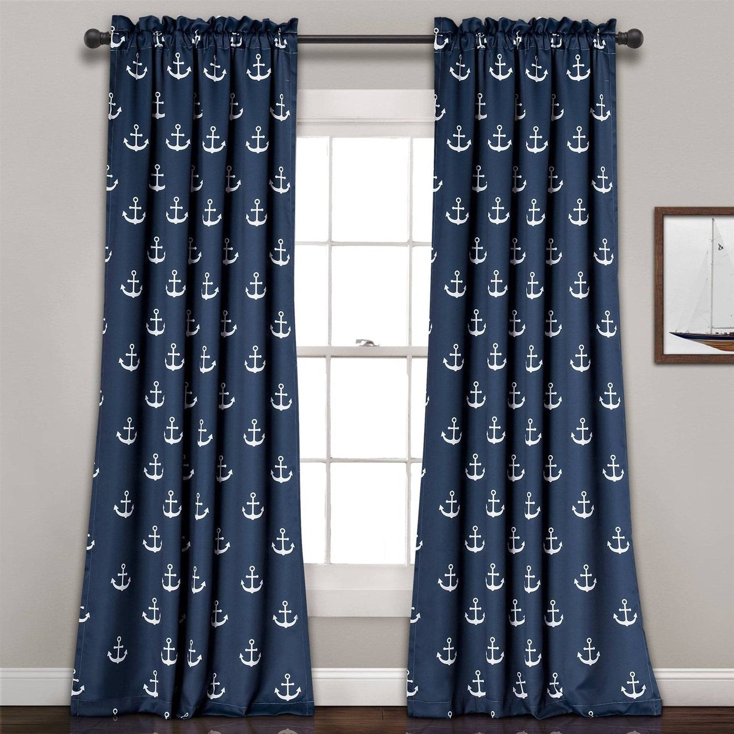 2 Panel 84"L x 52"W Navy Nautical Anchors Window Curtain Set