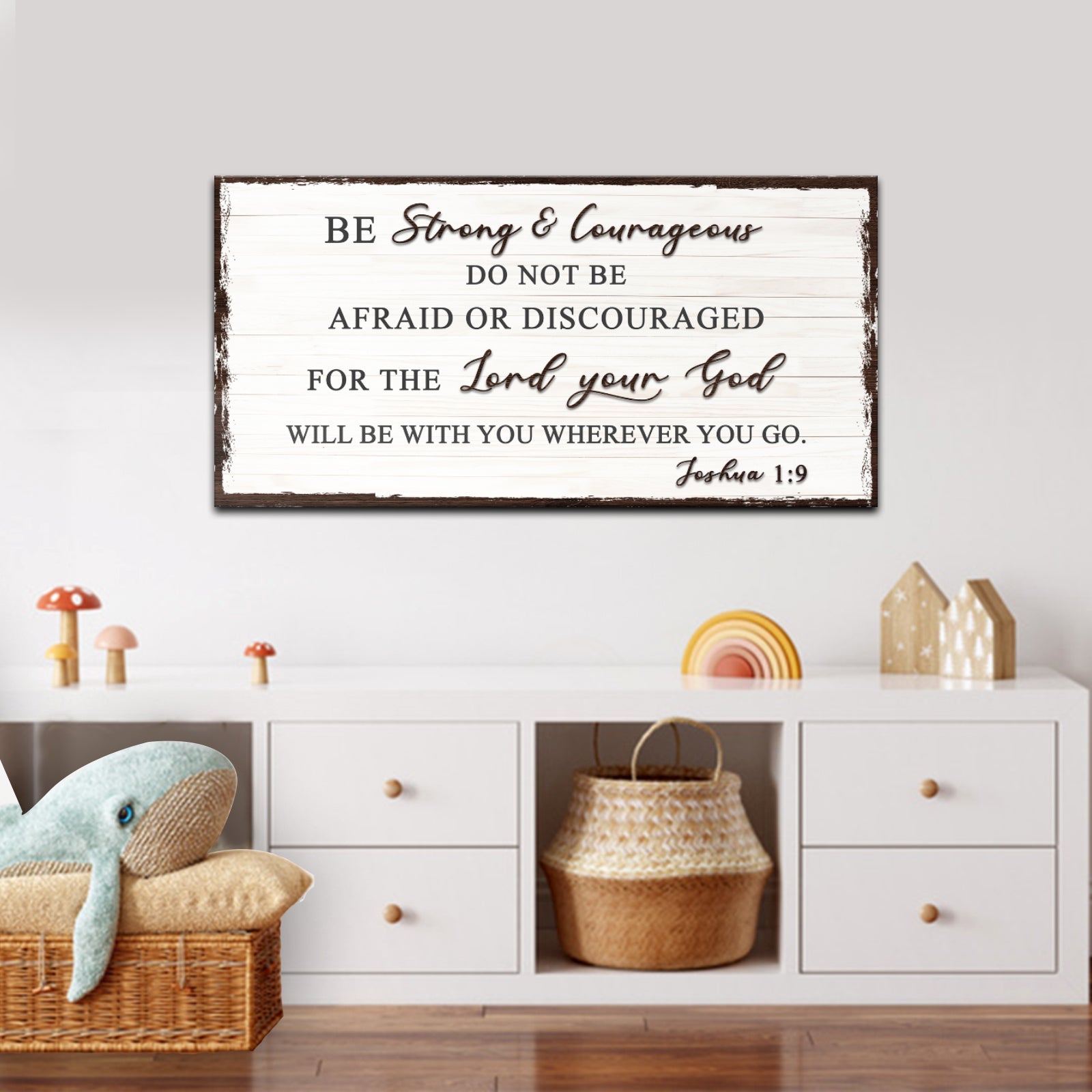 Decorative wall sign with inspirational Bible verse in a home setting