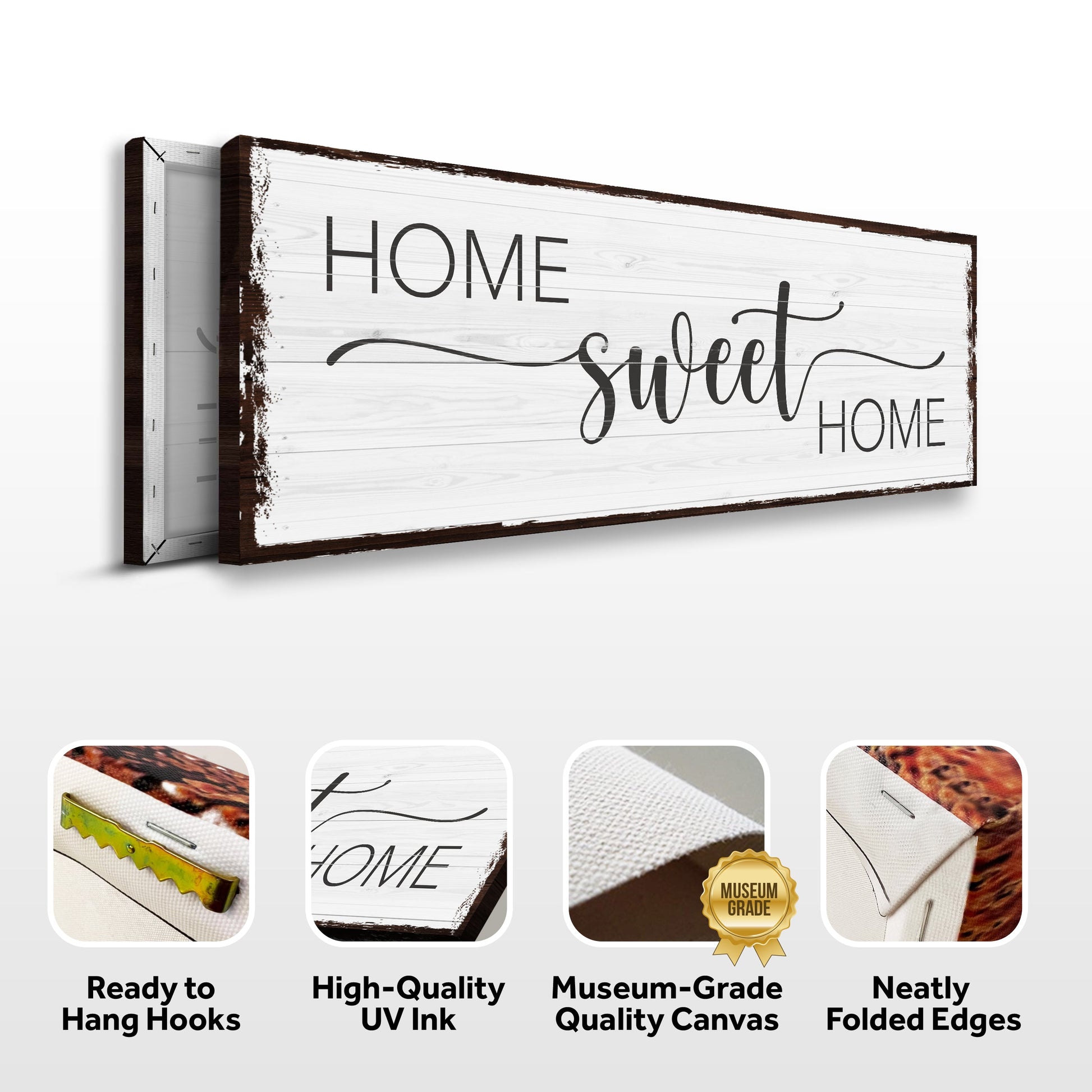 Decorative wall sign with 'Home Sweet Home' text, featuring ready-to-hang hooks and high-quality UV ink.