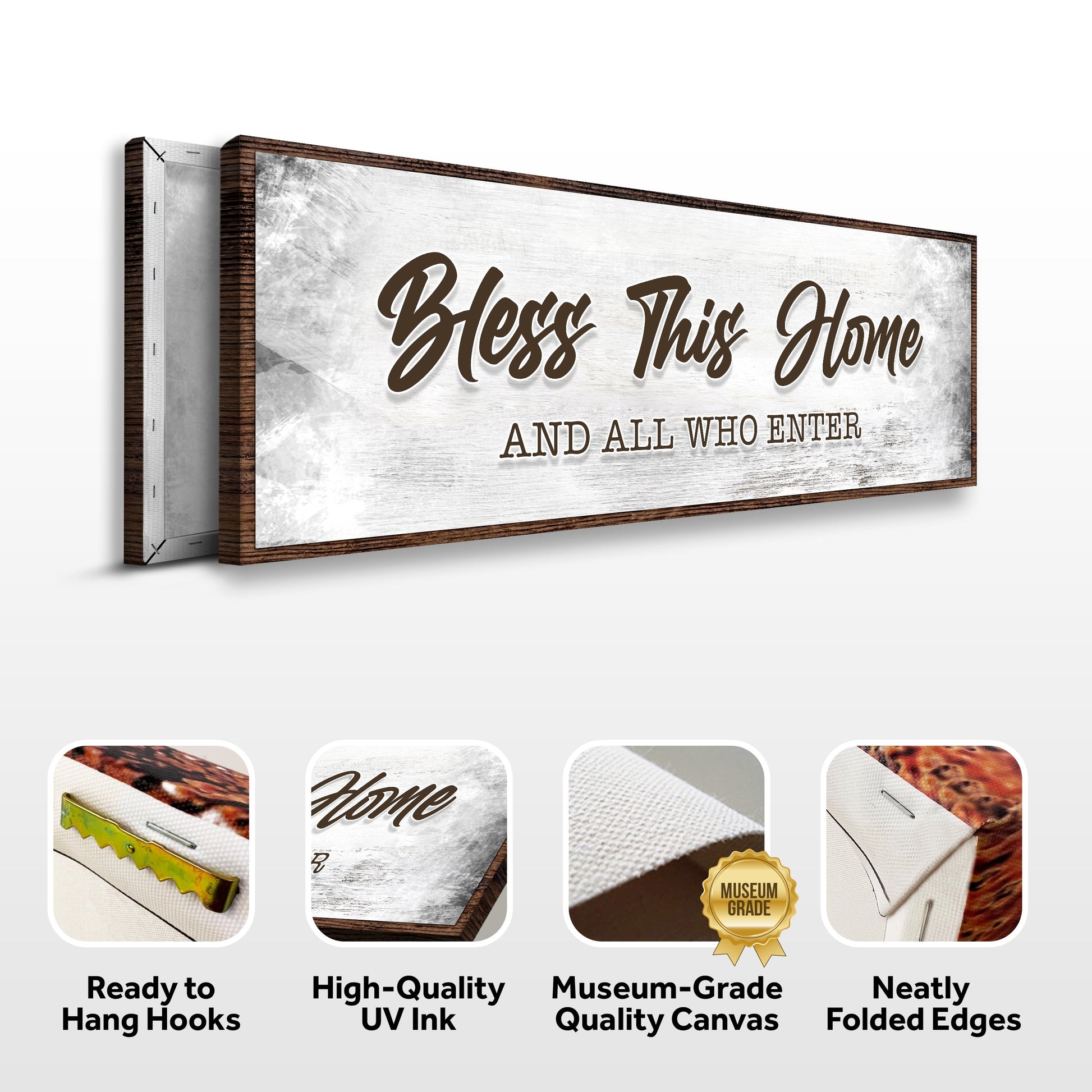 Decorative sign with 'Bless This Home And All Who Enter' text, featuring quality assurances on a white background.