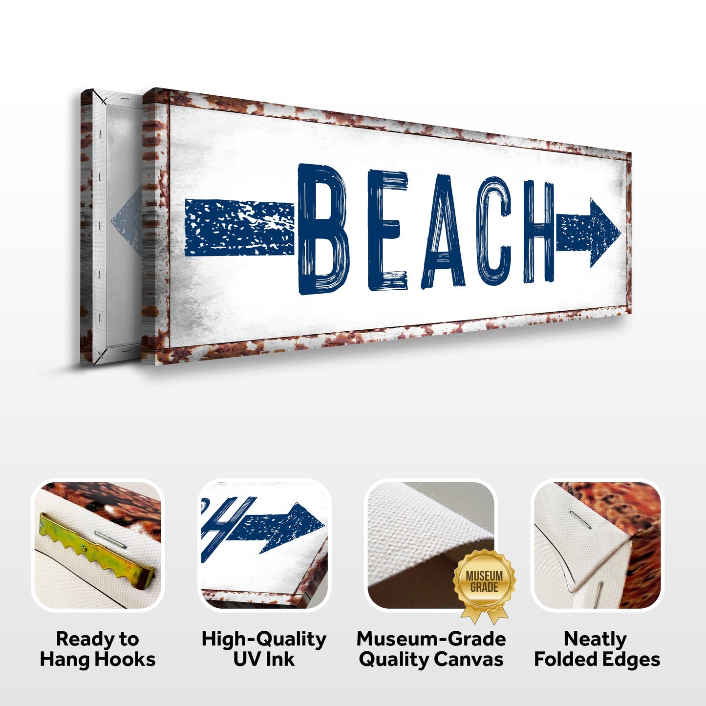 Decorative sign with 'BEACH' and arrows on a white background, featuring quality assurances.