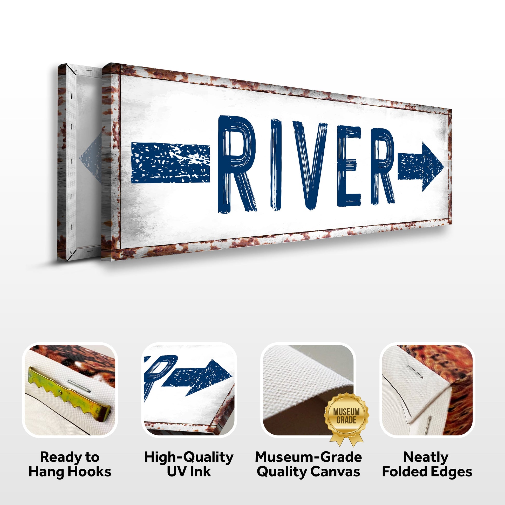 Decorative sign with 'RIVER' text and arrows on a white background, featuring quality assurances.