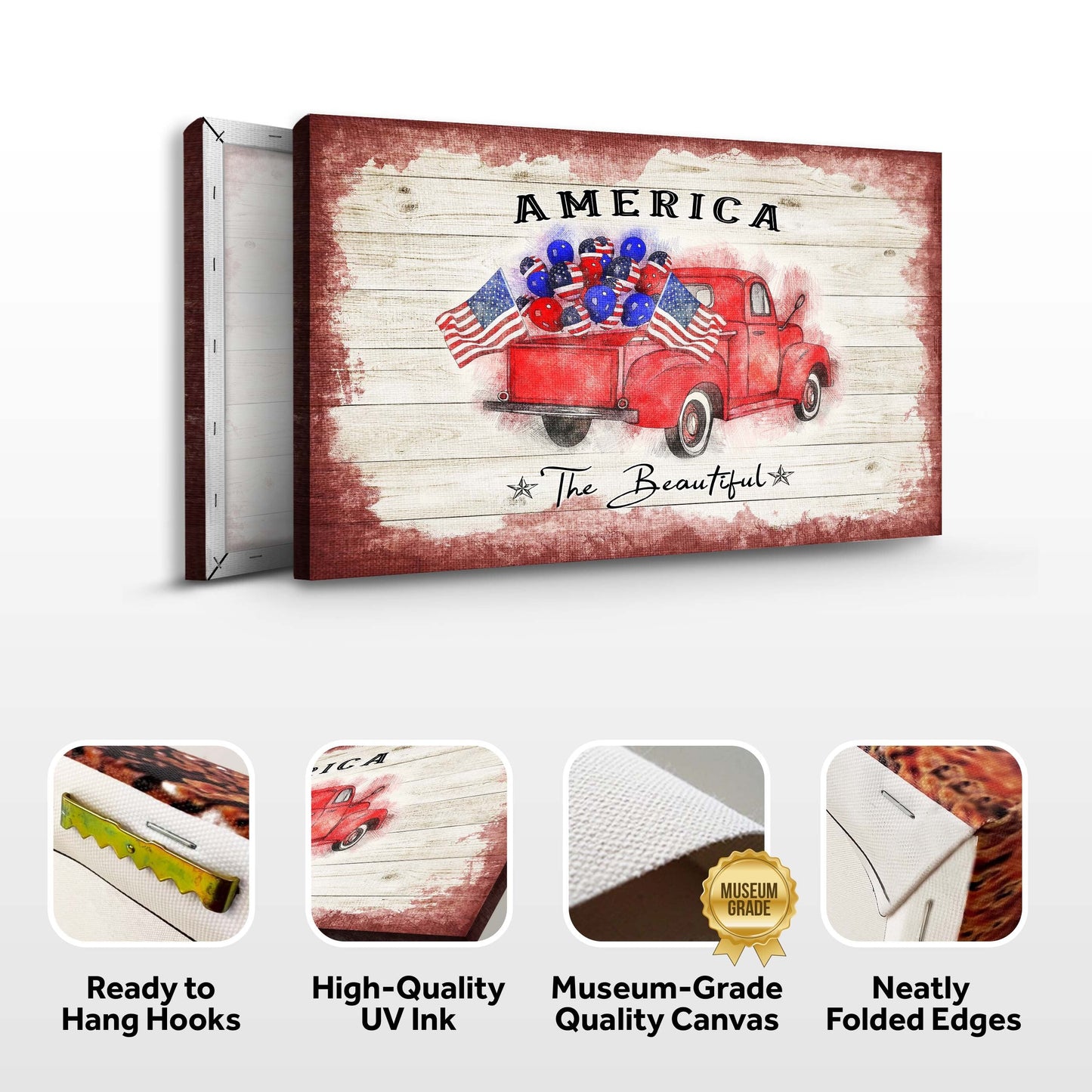 Canvas print with a red truck and American flags on a wooden background, featuring text 'America The Beautiful'.