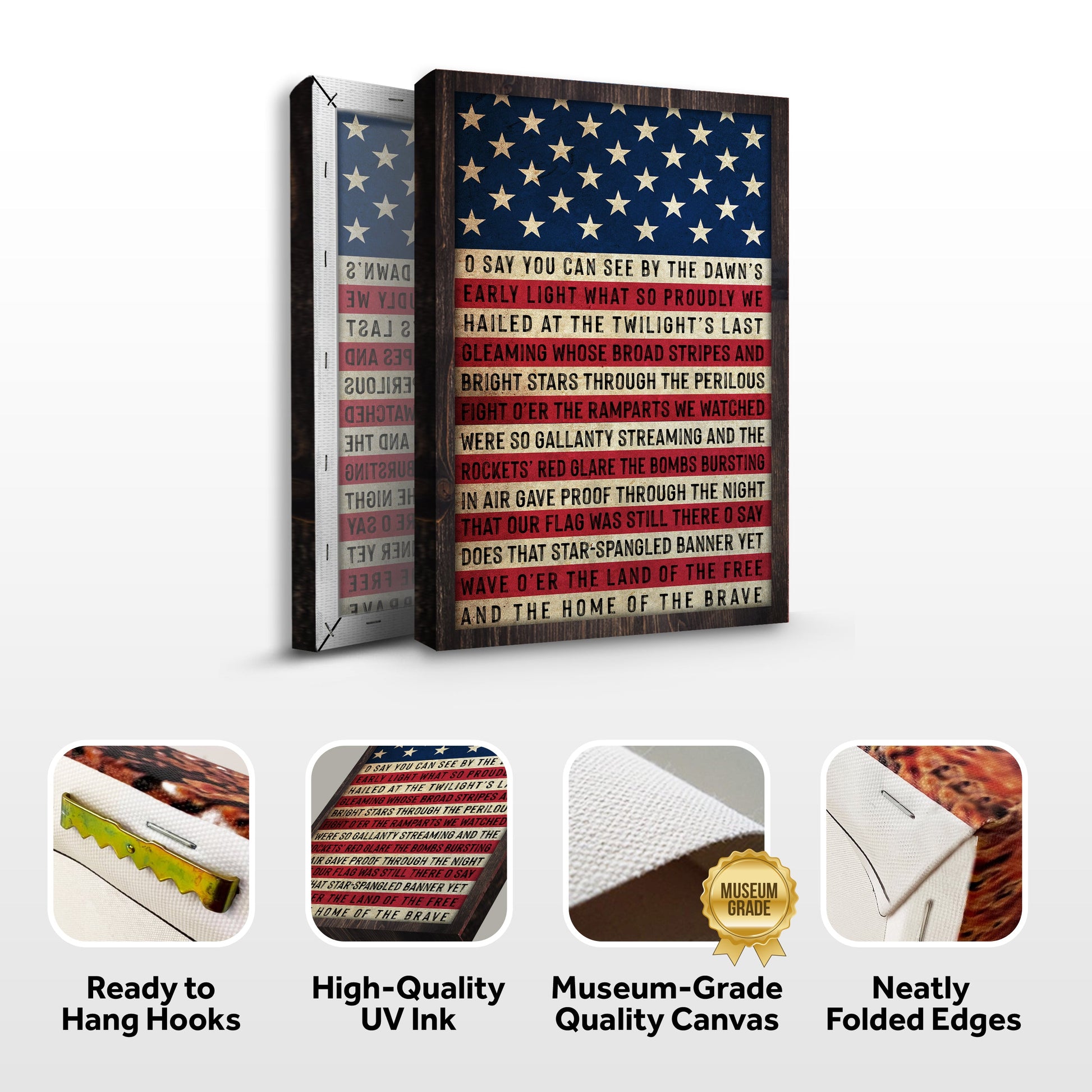 American flag-themed canvas print with text, ready for hanging, featuring high-quality UV ink and museum-grade quality.